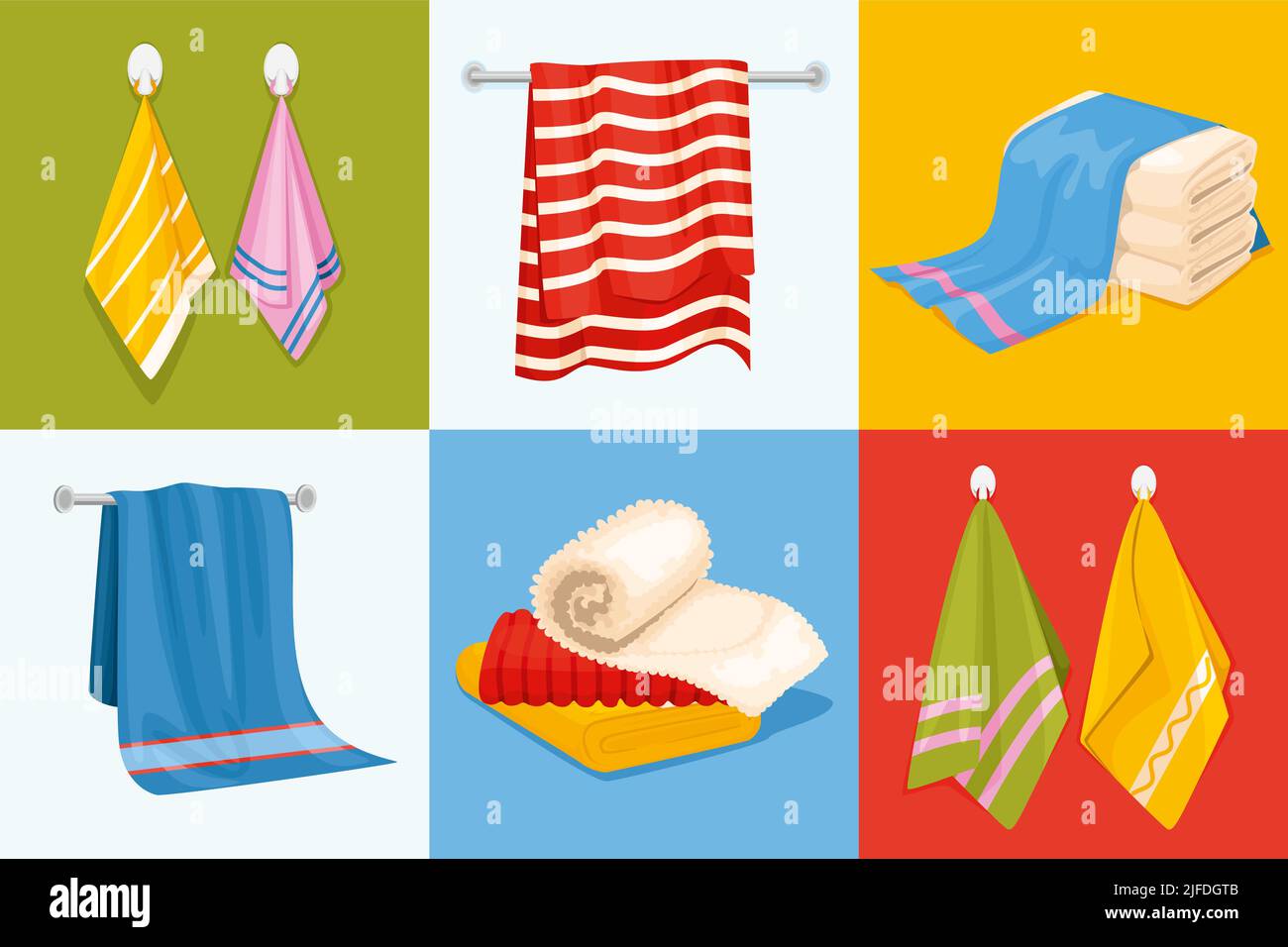 Handtuch-Design-Konzept mit sechs quadratischen Kompositionen mit gestapelten und hängenden Handtuch Bilder von verschiedenen Farben Vektor-Illustration Stock Vektor