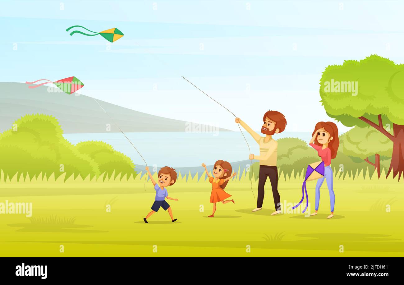 Familienurlaub Cartoon Konzept Mama und Papa mit zwei Kindern fliegen Drachen im Park Vektor-Illustration Stock Vektor