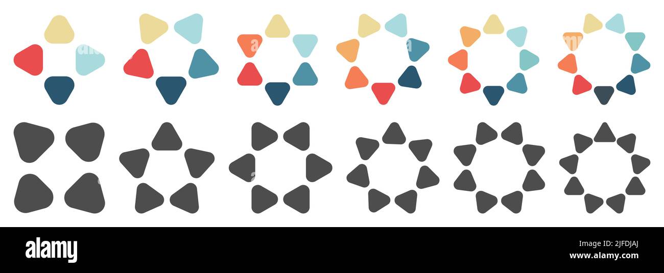 Dreiecke, die nach außen zeigen, mit leicht abgerundeten Scheitelpunkten, die einen Kreis bilden, Version mit vier bis neun Segmenten. Kann als Infografiken-Element verwendet werden Stock Vektor