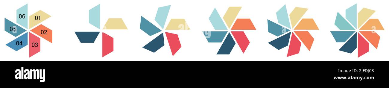 Trapez oder Trapeze im Kreismuster angeordnet - Version mit vier bis acht Teilen, einfaches Infografikelement Stock Vektor