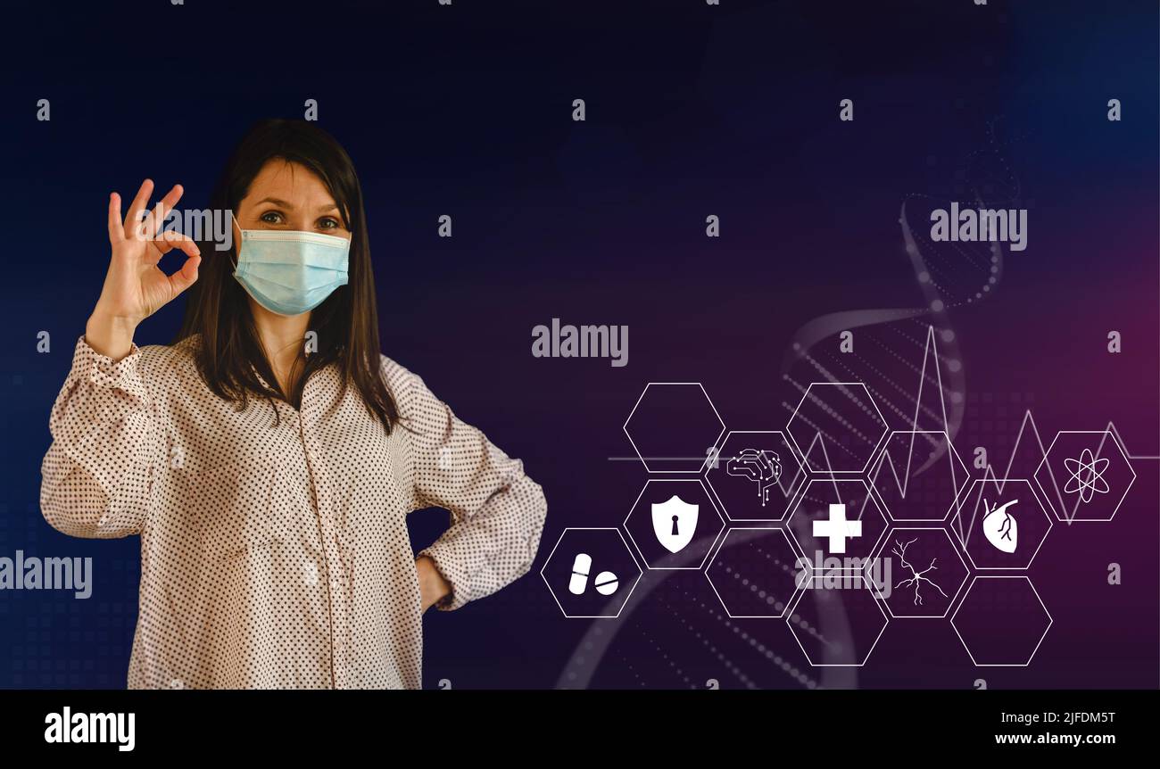 Junge Frau mit medizinischer Gesichtsmaske und OK-Zeichen. Medizinischer Hintergrund Designkonzept Idee für Gesundheitstechnologie, Innovationsmedizin, Gesundheit Stockfoto