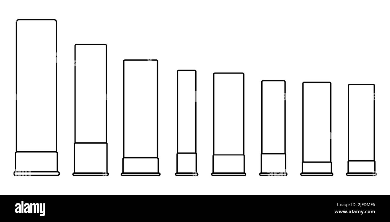 Symbole für die Jagdpatrone eingestellt. Verschiedene Jagdkartusche. Militärmunition. Silhouetten linearer Kassetten. Vektorgrafik. Stock Vektor
