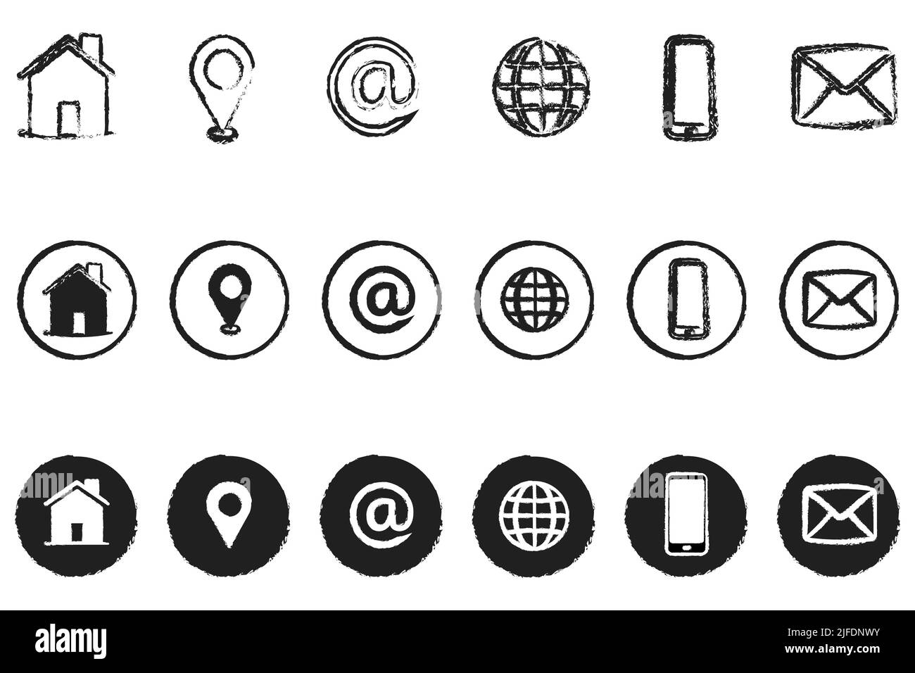 Grunge Stil Kontakt Icon Set. Schaltfläche Kommunikationsset. Vektorgrafik Stock Vektor