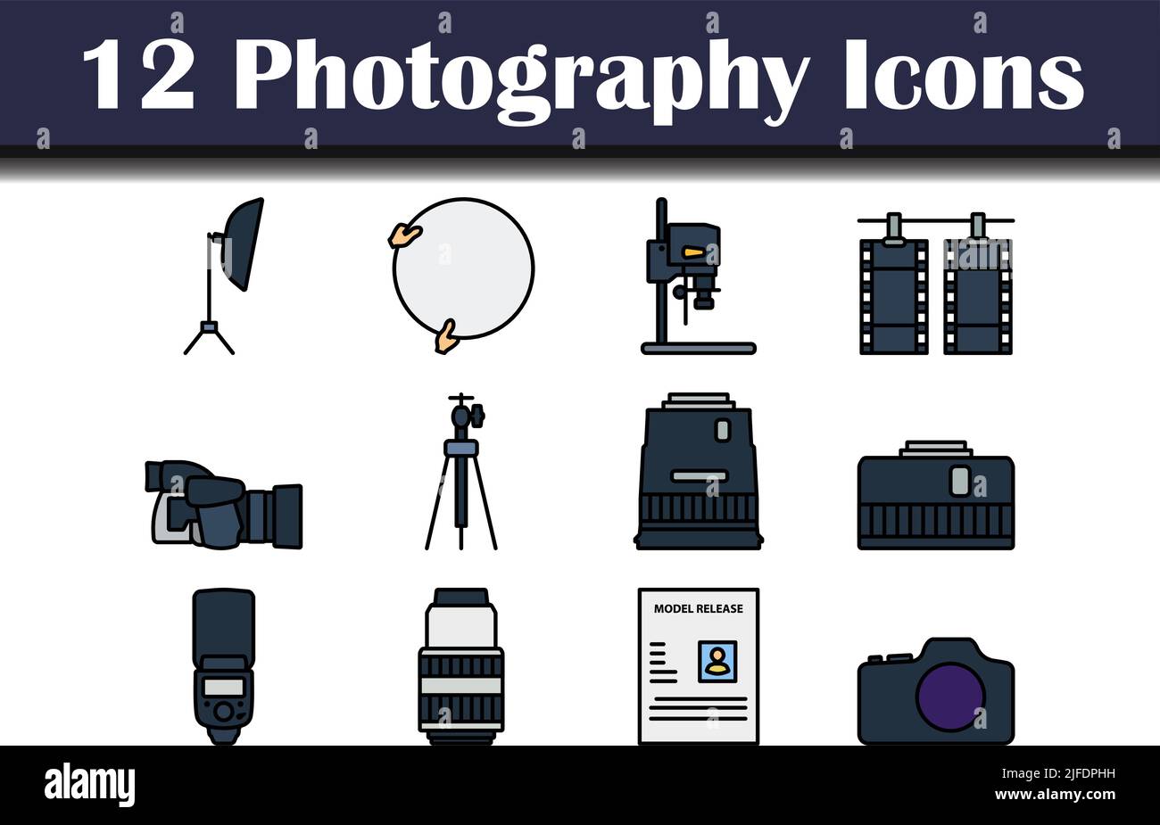 Fotografie-Icon-Set. Editierbare Fett Formatigte Kontur Mit Farbfüllungsdesign. Vektorgrafik. Stock Vektor