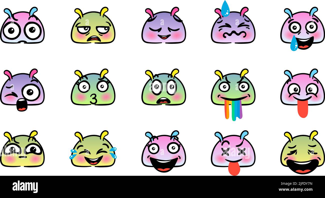 Verschiedene Cartoon Emoticons Set mit Schnecken oder Schnecken. Doodle Gesichter, Augen und Mund. Karikatur Comic ausdrucksstarke Emotionen, lächelnd, weinend und überrascht Stock Vektor
