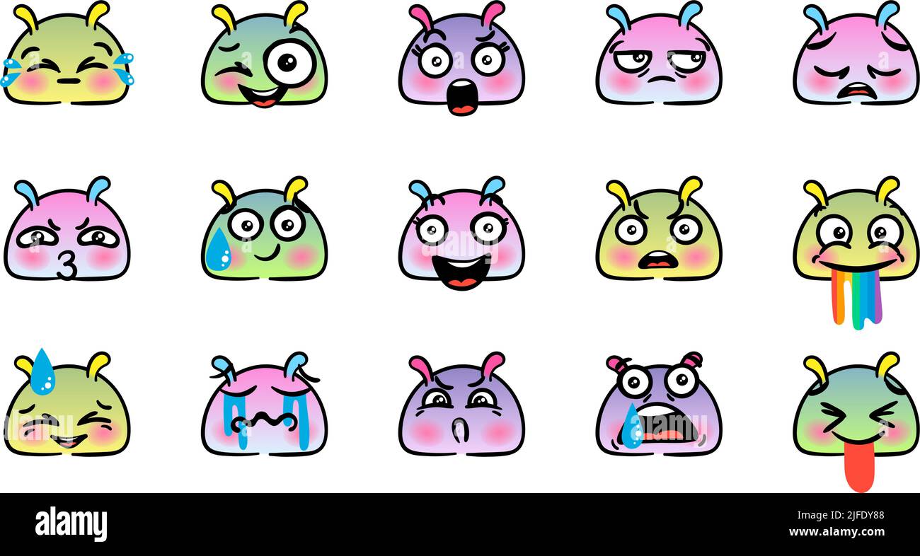 Verschiedene Cartoon Emoticons Set mit Schnecken oder Schnecken. Doodle Gesichter, Augen und Mund. Karikatur Comic ausdrucksstarke Emotionen, lächelnd, weinend und überrascht Stock Vektor