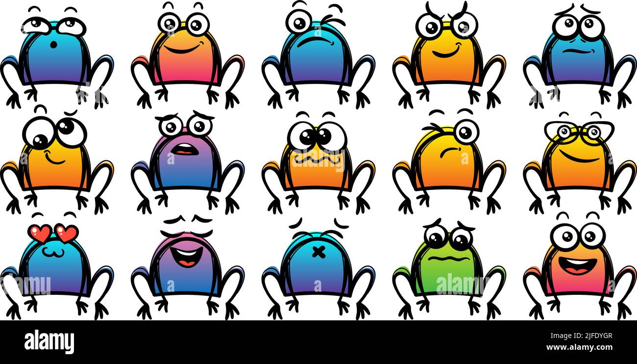 Verschiedene Cartoon Frösche Set. Doodle Gesichter, Augen und Mund. Karikatur Comic expressive Emotionen, lächeln, weinen und überrascht Charakter Gesichtsausdruck Stock Vektor