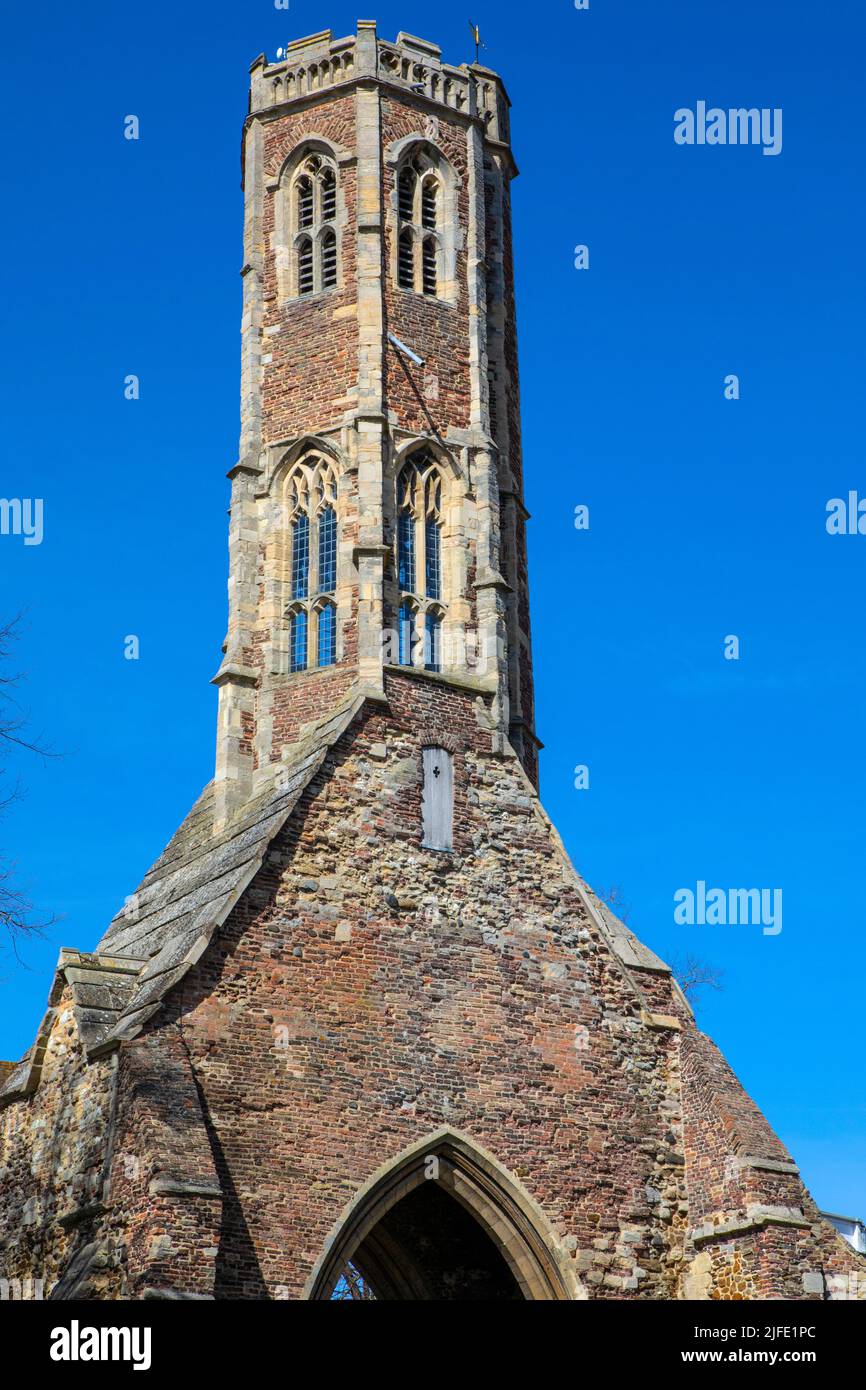 Der wunderschöne Greyfriars Tower befindet sich in Tower Gardens, in der Stadt Kings Lynn in Norfolk, Großbritannien. Stockfoto