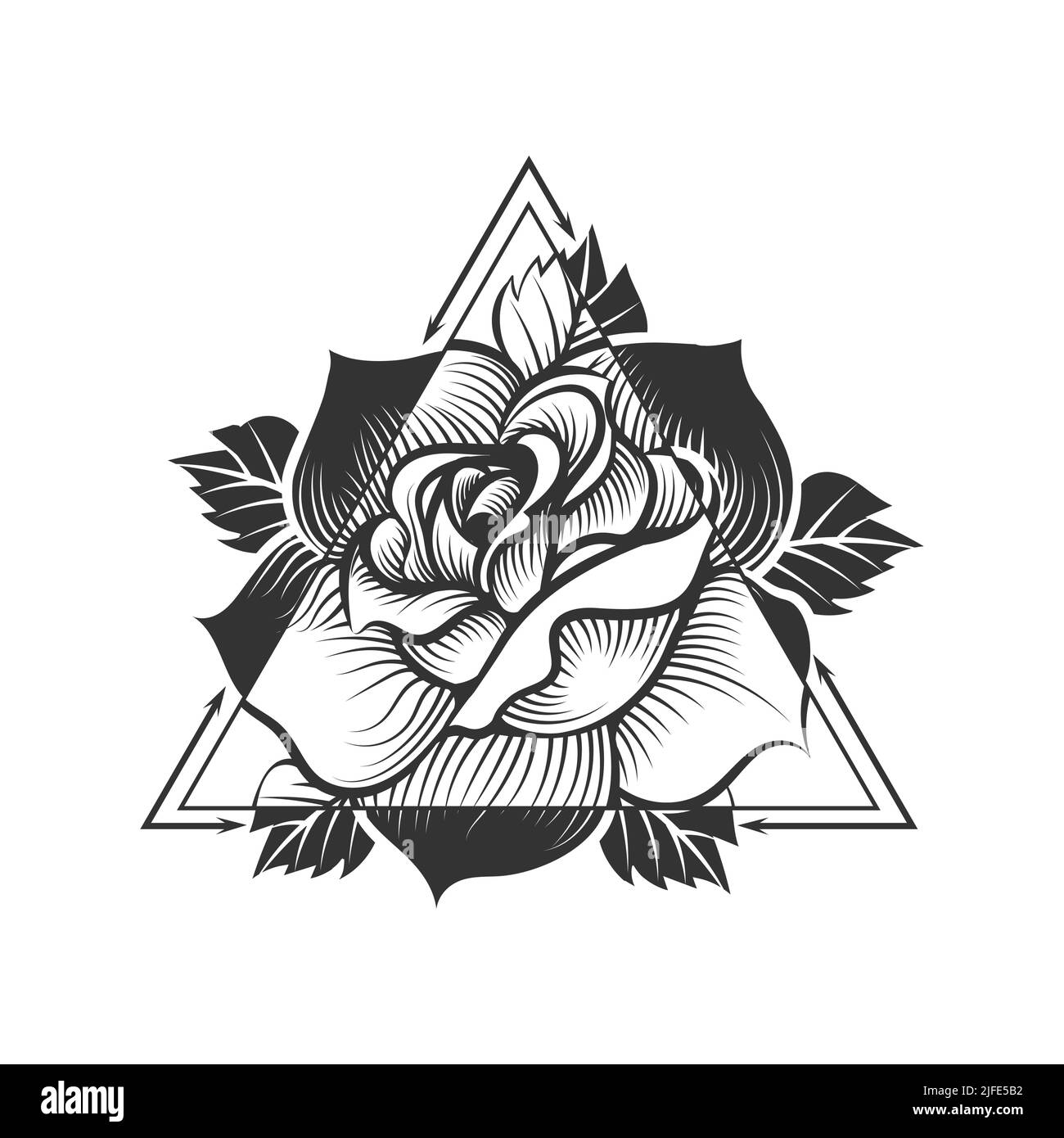 Schwarz und Weiß Mystic Tattoo der Rose Blume über Doppel-Dreieck Heilige Geometrie isoliert auf weiß. Vektorgrafik. Stock Vektor