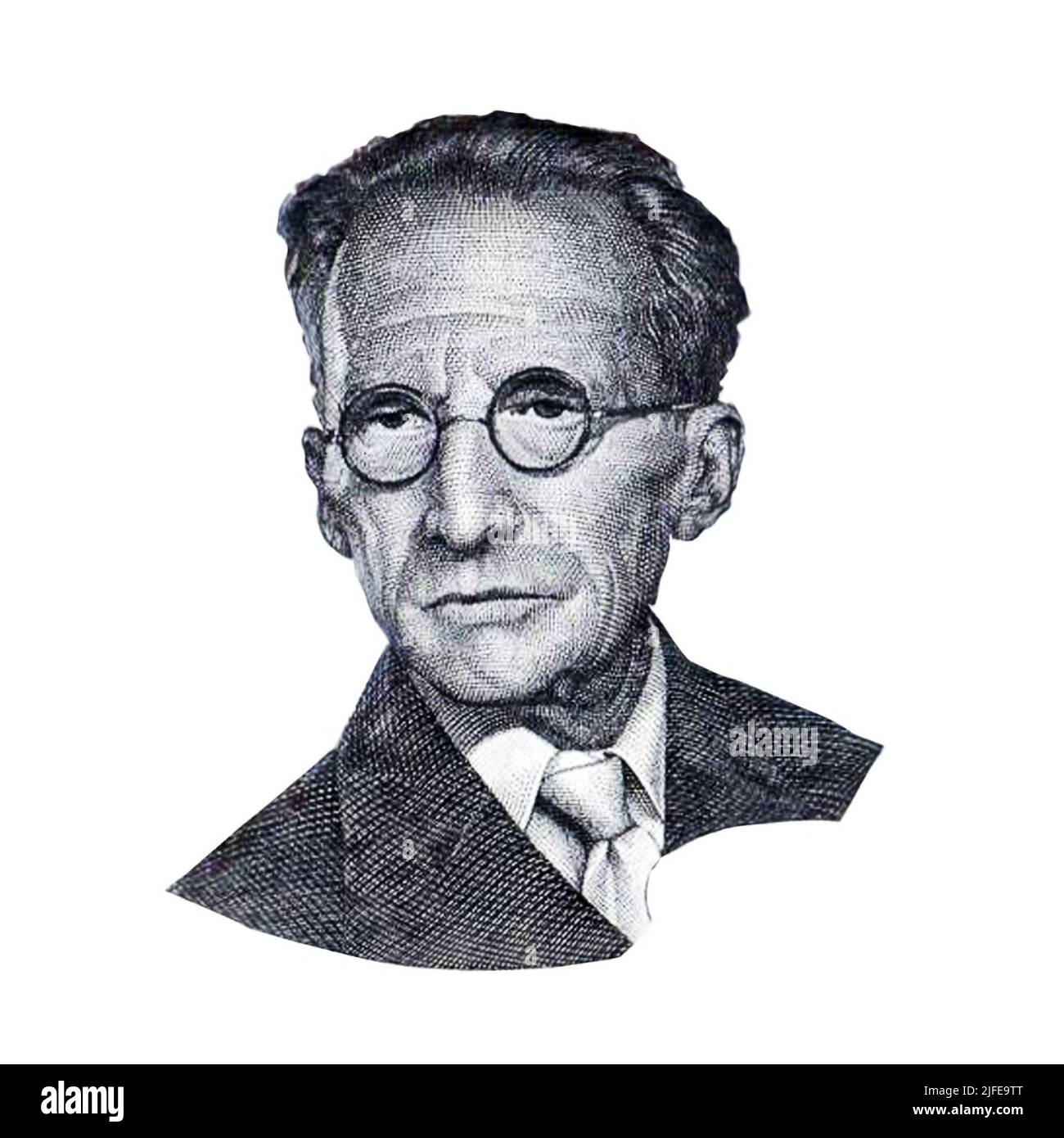 Weltberühmter Physiker Erwin Schrödinger Schwarz-Weiß-Porträt Nahaufnahme isoliert auf weißem Hintergrund. Fragment der österreichischen Banknote Stockfoto