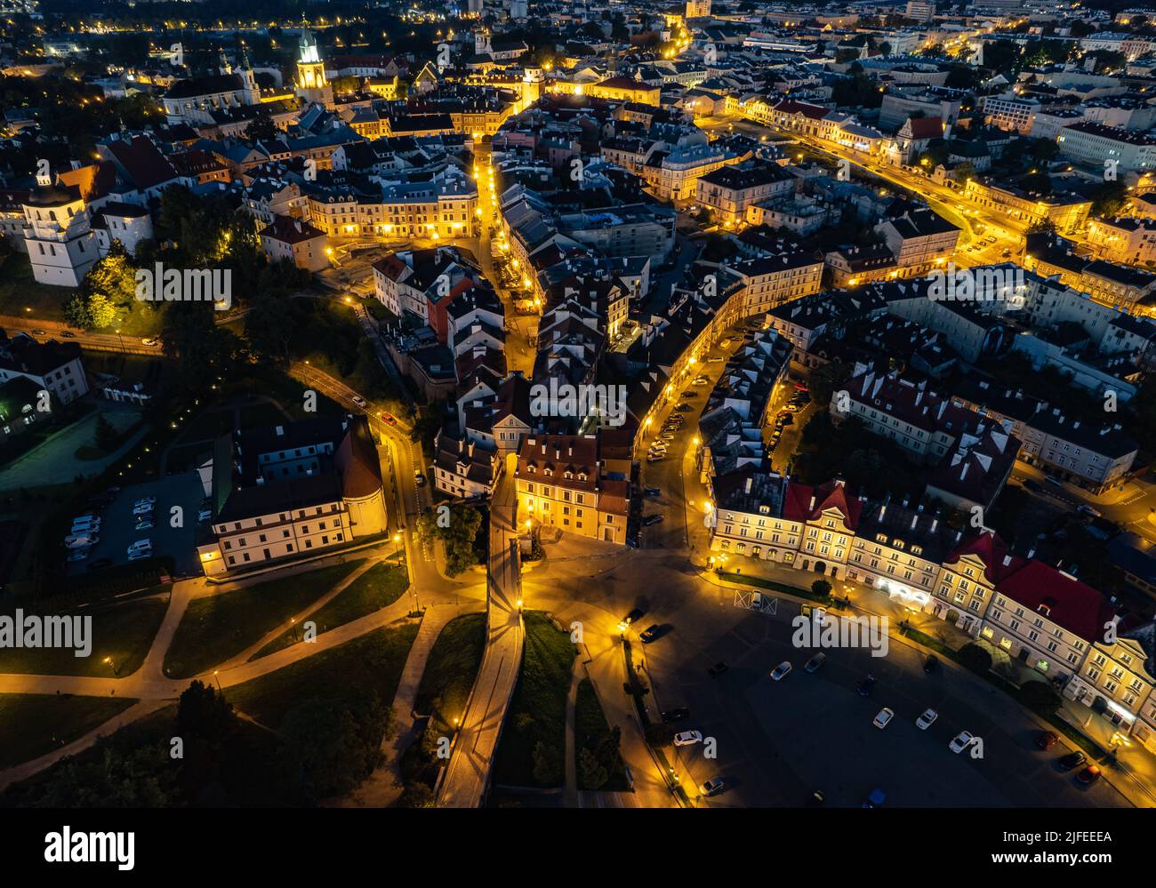Lubliner Altstadt, Nachtdrohne geschossen Stockfoto