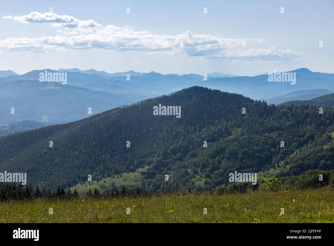 Blick auf den dreieckigen Berg Kostel in der ukrainischen Gorgany, Karpaten Stockfoto