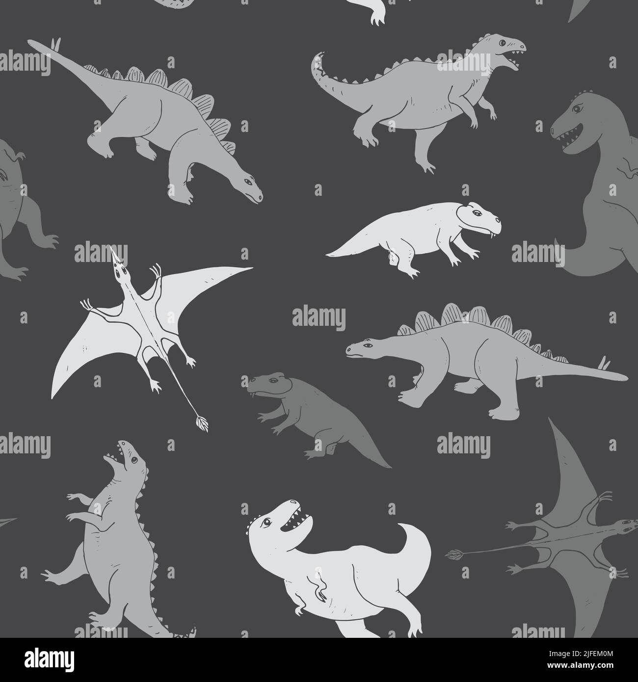 Dino Nahtloses Muster, Niedliche Cartoon Dinosaurier Doodles Vektor Illustration. Stock Vektor