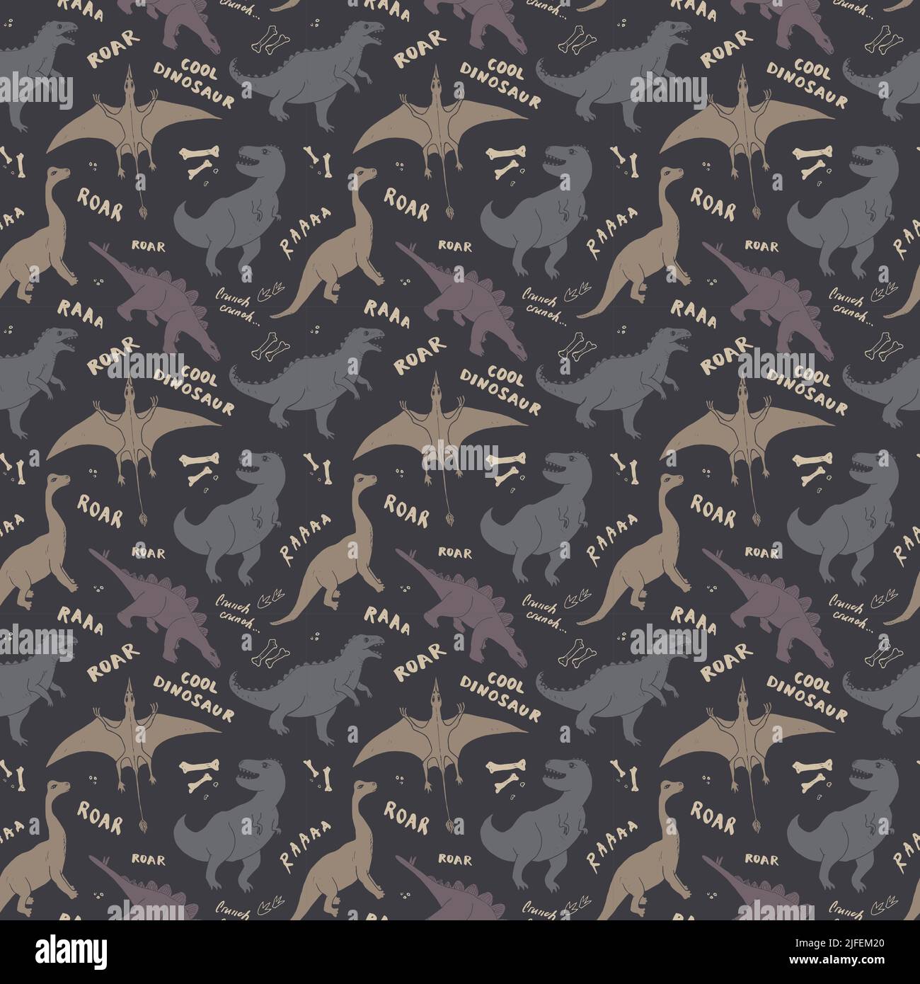 Dino Nahtloses Muster, Niedliche Cartoon Dinosaurier Doodles Vektor Illustration. Stock Vektor