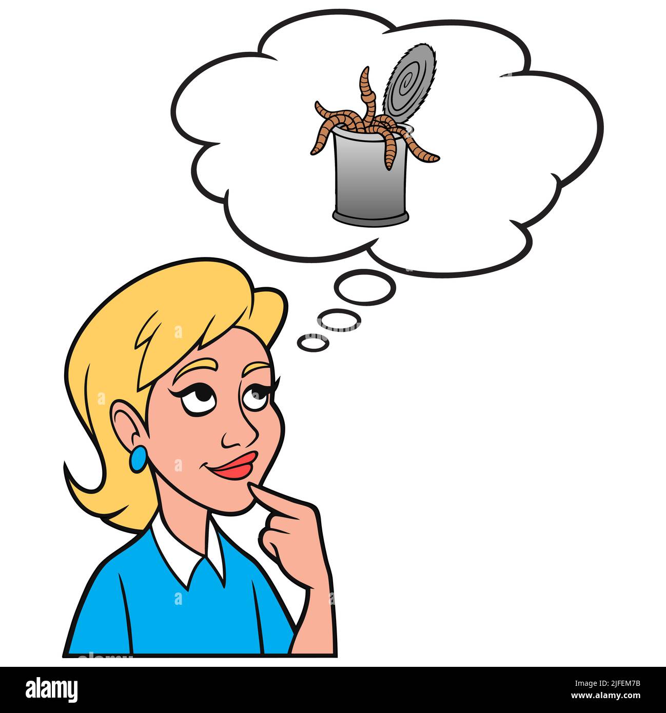 Mädchen, die an eine Dose Würmer denken - Eine Cartoon-Illustration eines Mädchens, das darüber nachdenkt, eine Dose Würmer zu öffnen. Stock Vektor