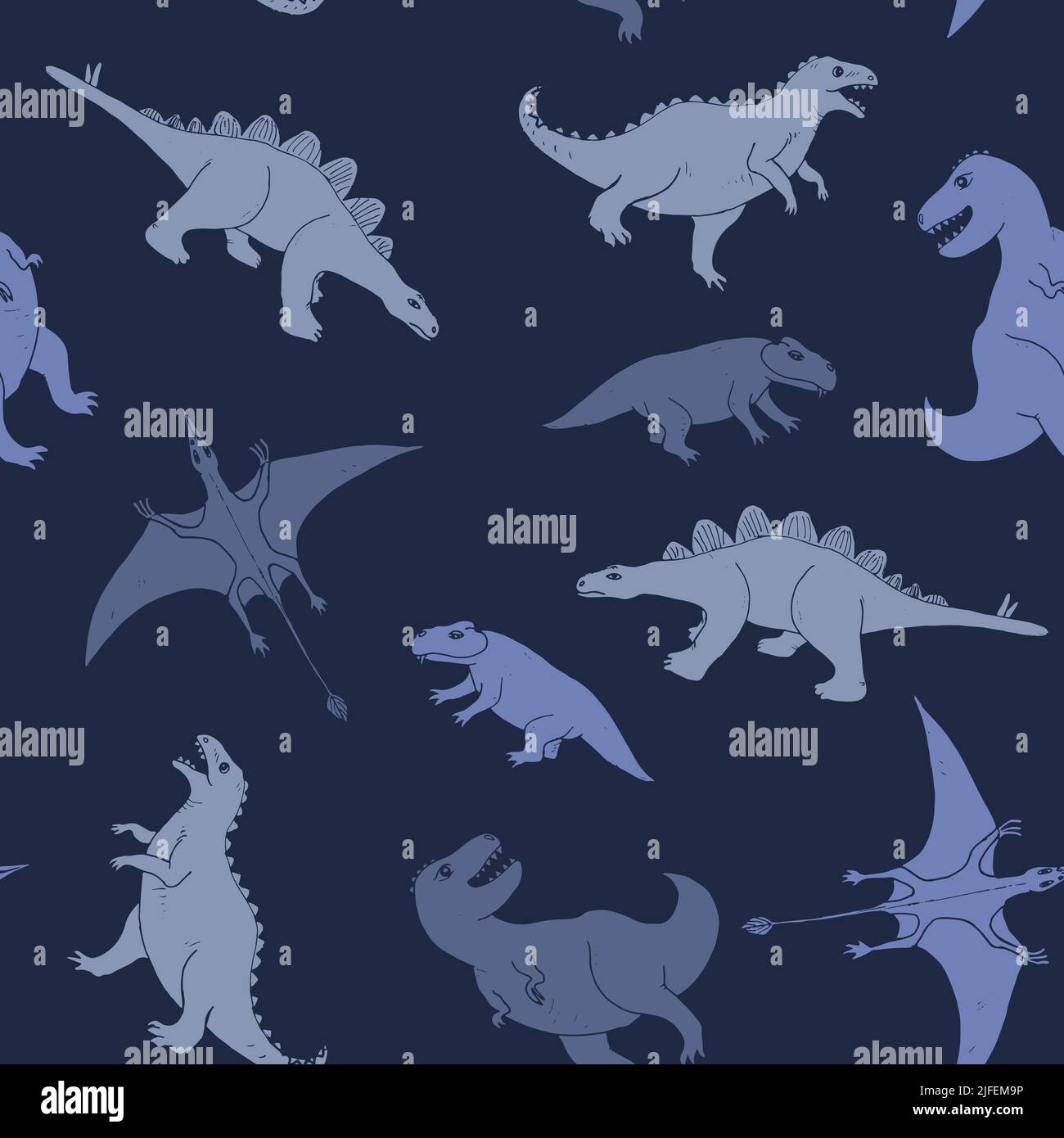 Dino Nahtloses Muster, Niedliche Cartoon Dinosaurier Doodles Vektor Illustration. Stock Vektor