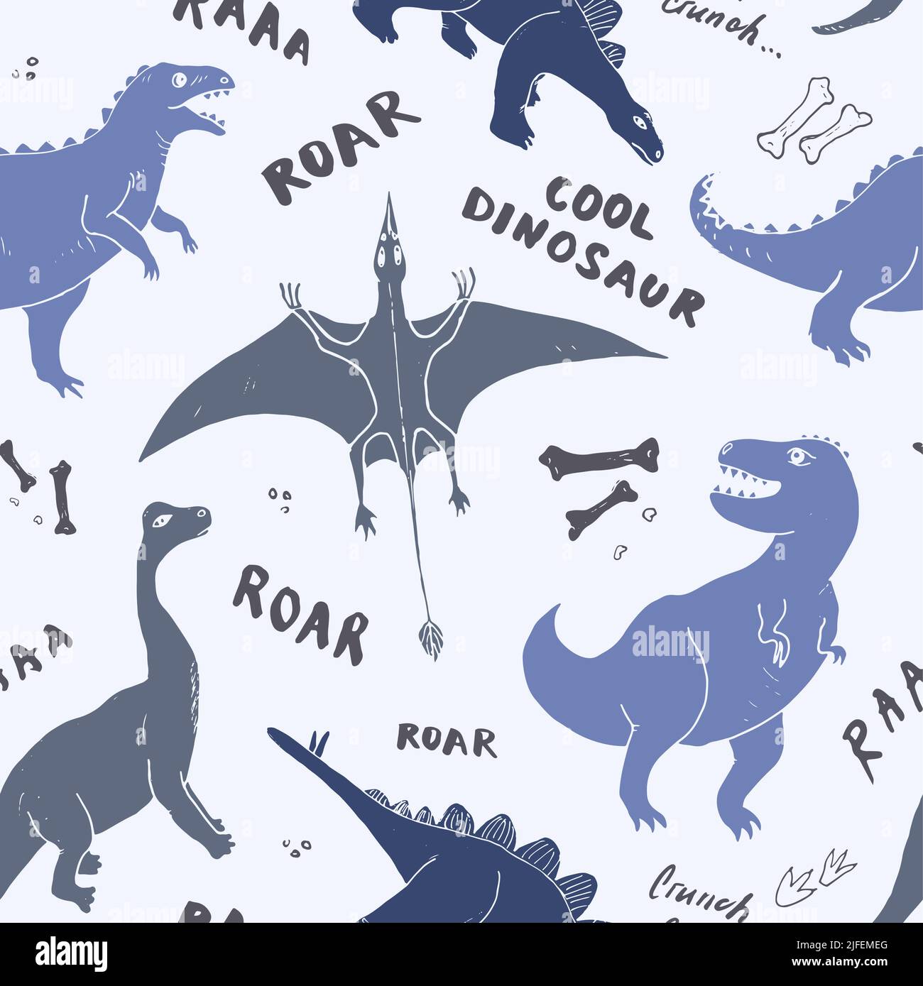 Dino Nahtloses Muster, Niedliche Cartoon Dinosaurier Doodles Vektor Illustration. Stock Vektor