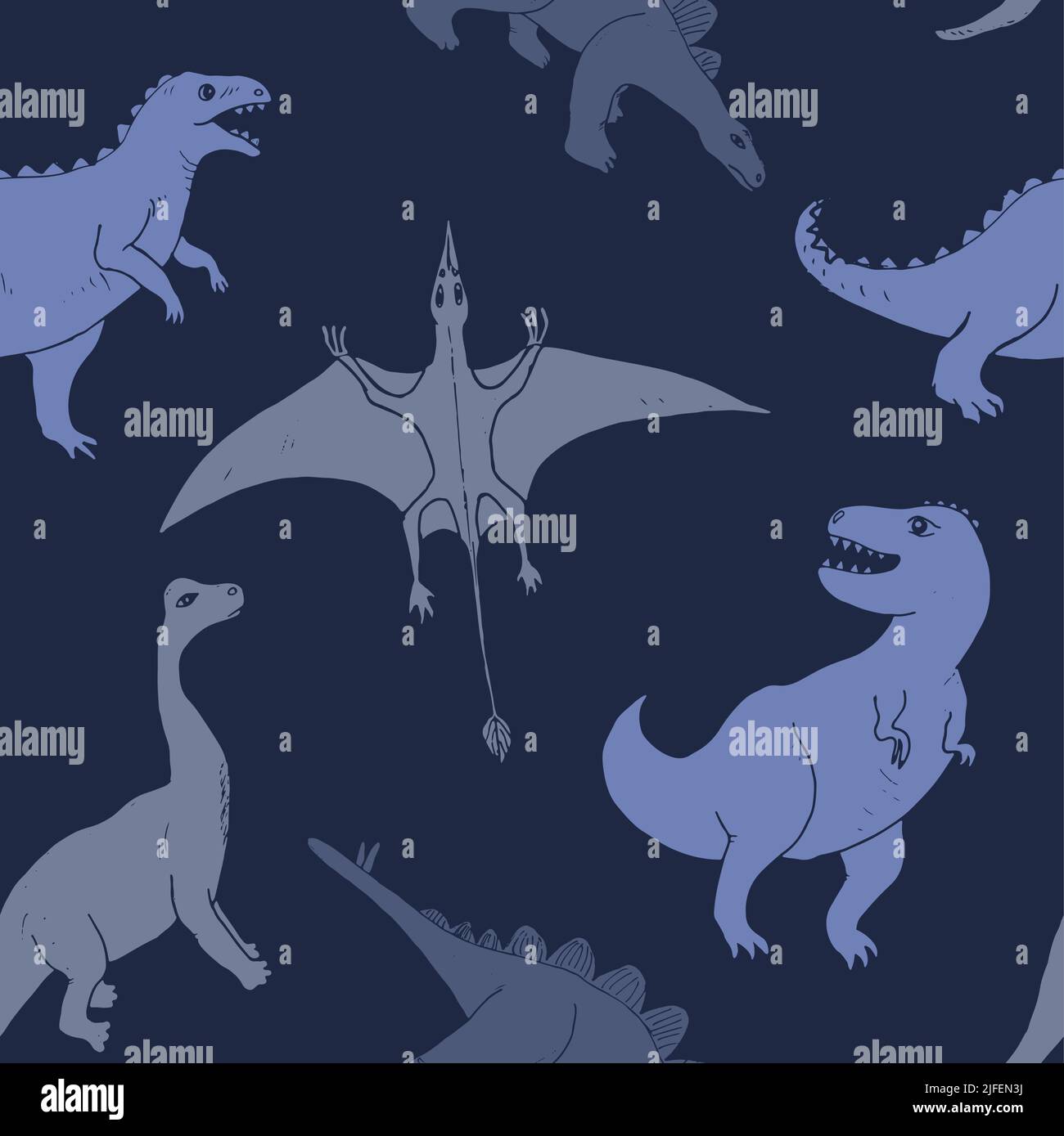 Dino Nahtloses Muster, Niedliche Cartoon Dinosaurier Doodles Vektor Illustration. Stock Vektor