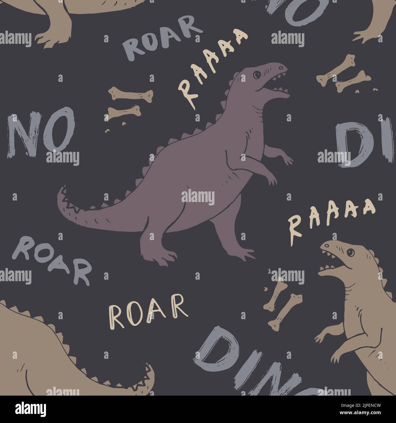 Dino Nahtloses Muster, Niedliche Cartoon Dinosaurier Doodles Vektor Illustration. Stock Vektor