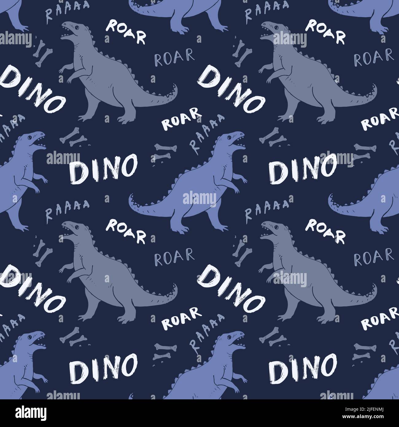 Dino Nahtloses Muster, Niedliche Cartoon Dinosaurier Doodles Vektor Illustration. Stock Vektor