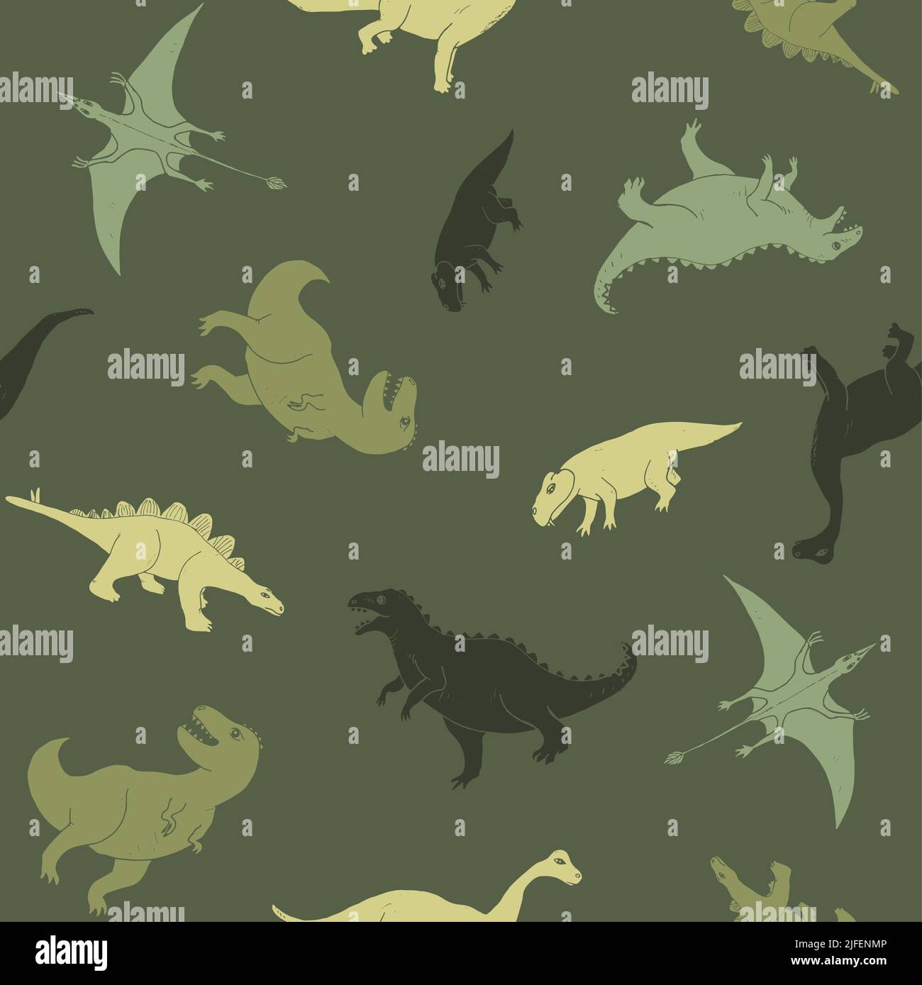 Dino Nahtloses Muster, Niedliche Cartoon Dinosaurier Doodles Vektor Illustration. Stock Vektor