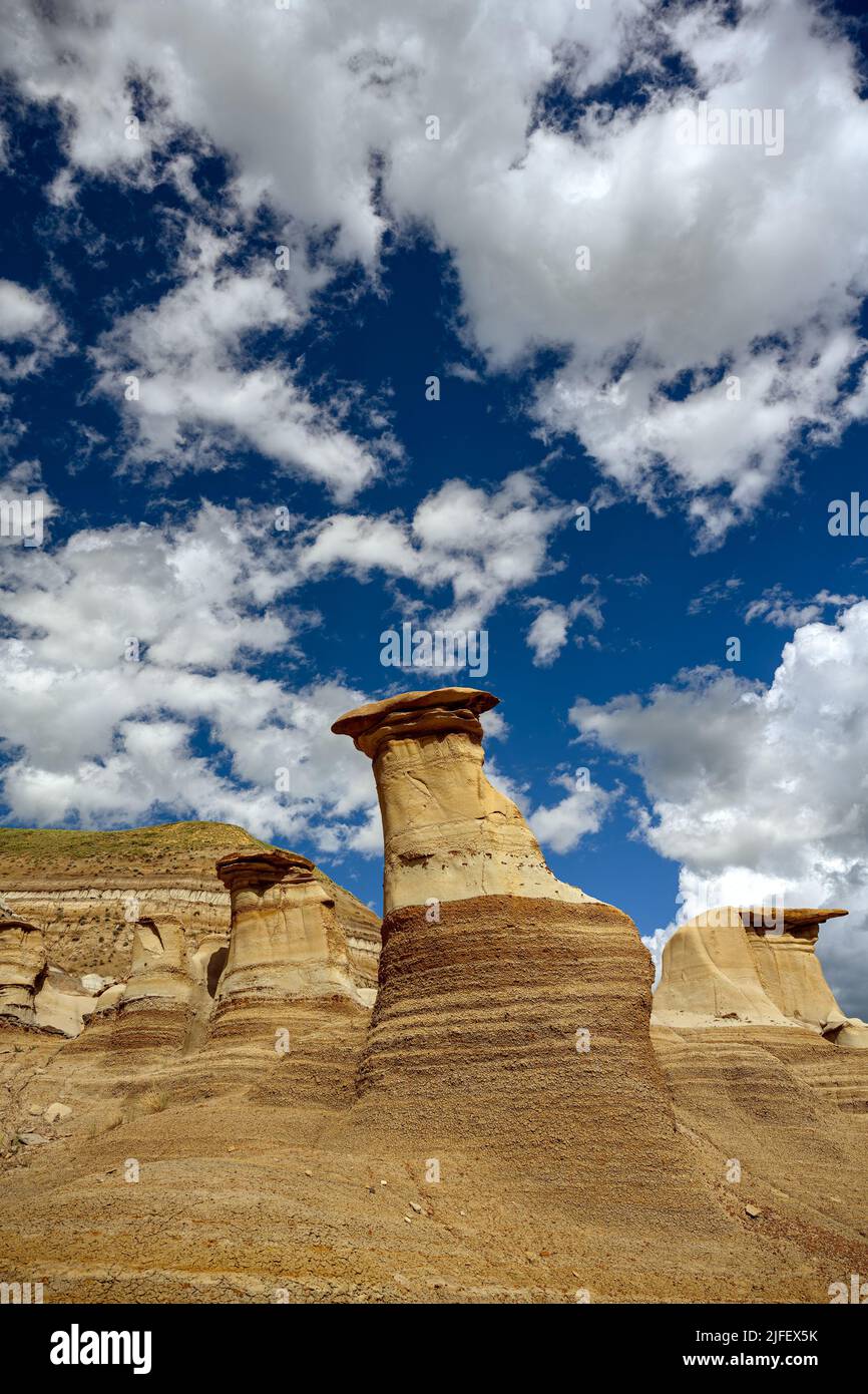 Sandstein-Hoodoos und Felsformationen in den Canadian Badlands, Drumheller, Alberta, Kanada Stockfoto