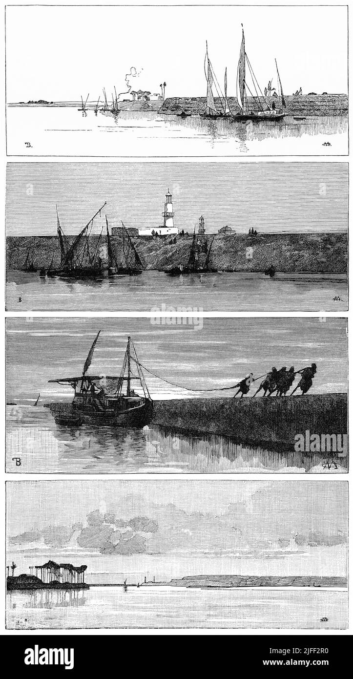 Nil River Views 6 Zwischen Kairo und Assuan, Illustration aus dem Buch, 'From Pharaoh to Fellah' von C.F. Moberly Bell mit Illustrationen von Georges Montbard, gestochen von Charles Barbant, Wells Gardner, Darton & Co., London, 1888 Stockfoto