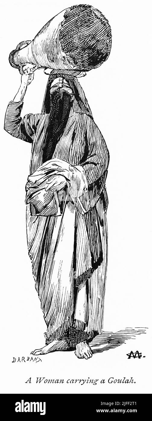Eine Frau, die eine Goulah trägt, Illustration aus dem Buch „vom Pharao bis zur Fellah“ von C.F. Moberly Bell mit Illustrationen von Georges Montbard, gestochen von Charles Barbant, Wells Gardner, Darton & Co., London, 1888 Stockfoto