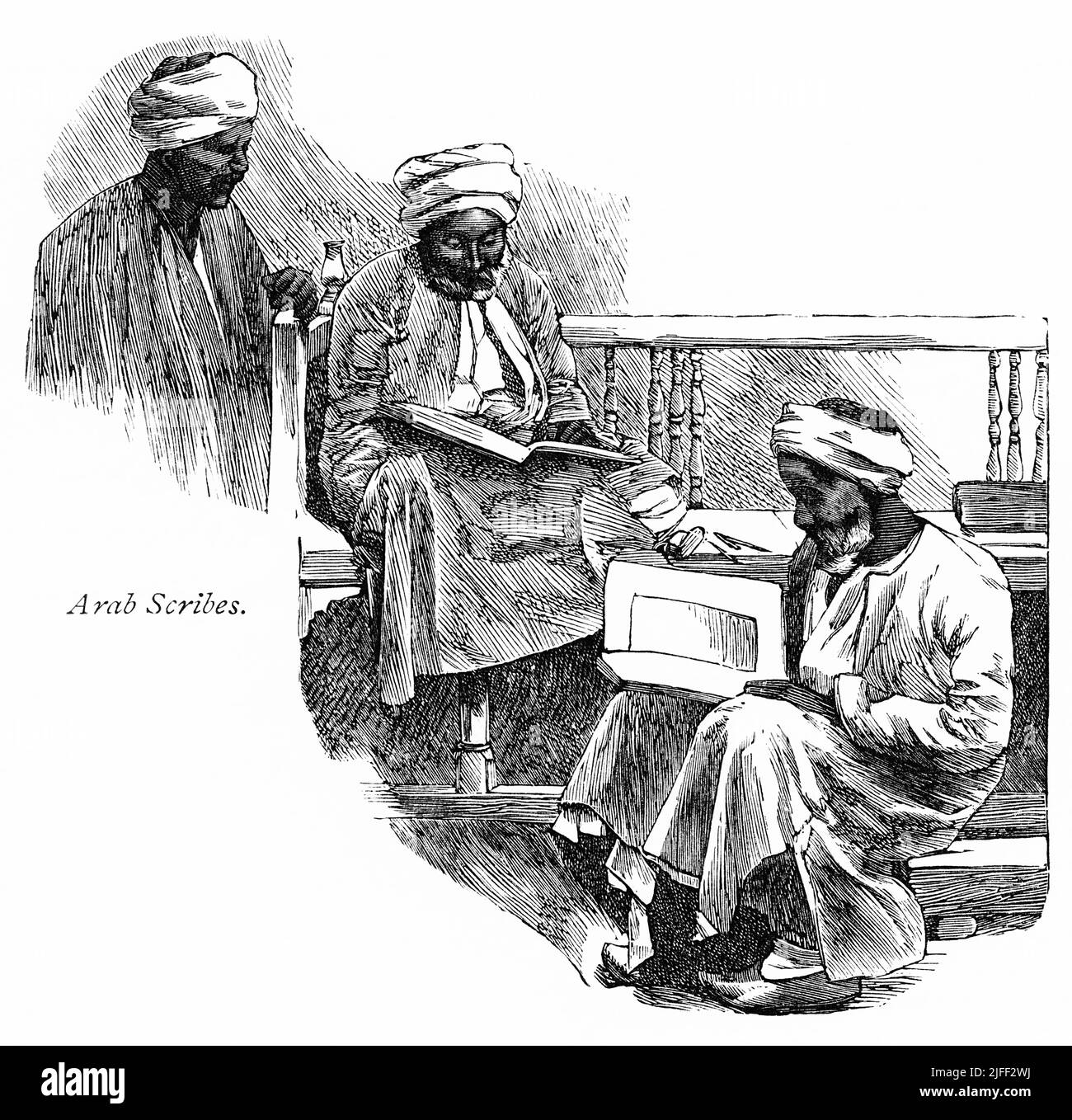 Arabische Schreiber, Esna, Ägypten, Illustration aus dem Buch, 'vom Pharao bis Fellah' von C.F. Moberly Bell mit Illustrationen von Georges Montbard, gestochen von Charles Barbant, Wells Gardner, Darton & Co., London, 1888 Stockfoto