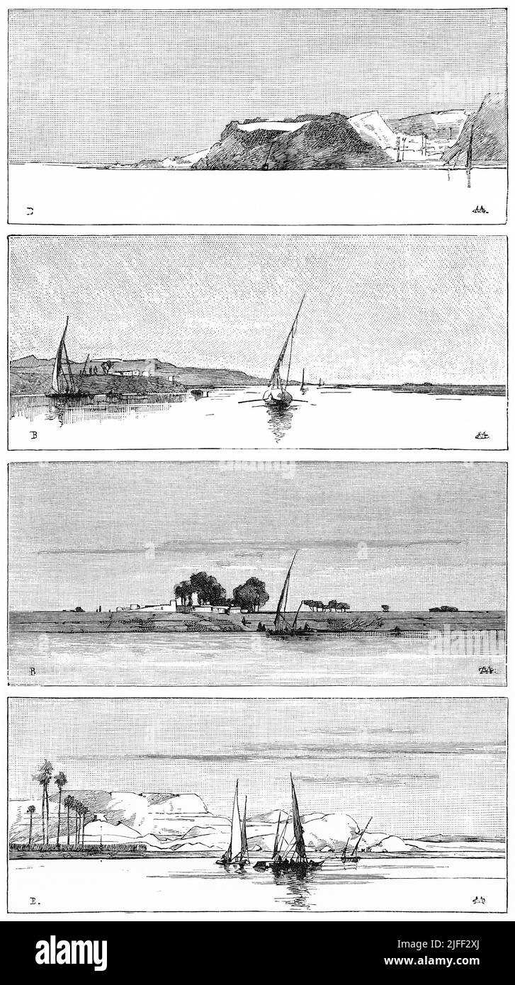 Nil River Views 3 Zwischen Kairo und Assuan, Illustration aus dem Buch, 'From Pharaoh to Fellah' von C.F. Moberly Bell mit Illustrationen von Georges Montbard, gestochen von Charles Barbant, Wells Gardner, Darton & Co., London, 1888 Stockfoto