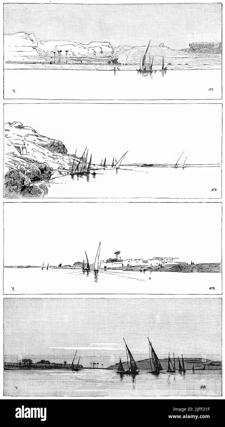 Nil River Views 2 Zwischen Kairo und Assuan, Illustration aus dem Buch, 'From Pharaoh to Fellah' von C.F. Moberly Bell mit Illustrationen von Georges Montbard, gestochen von Charles Barbant, Wells Gardner, Darton & Co., London, 1888 Stockfoto