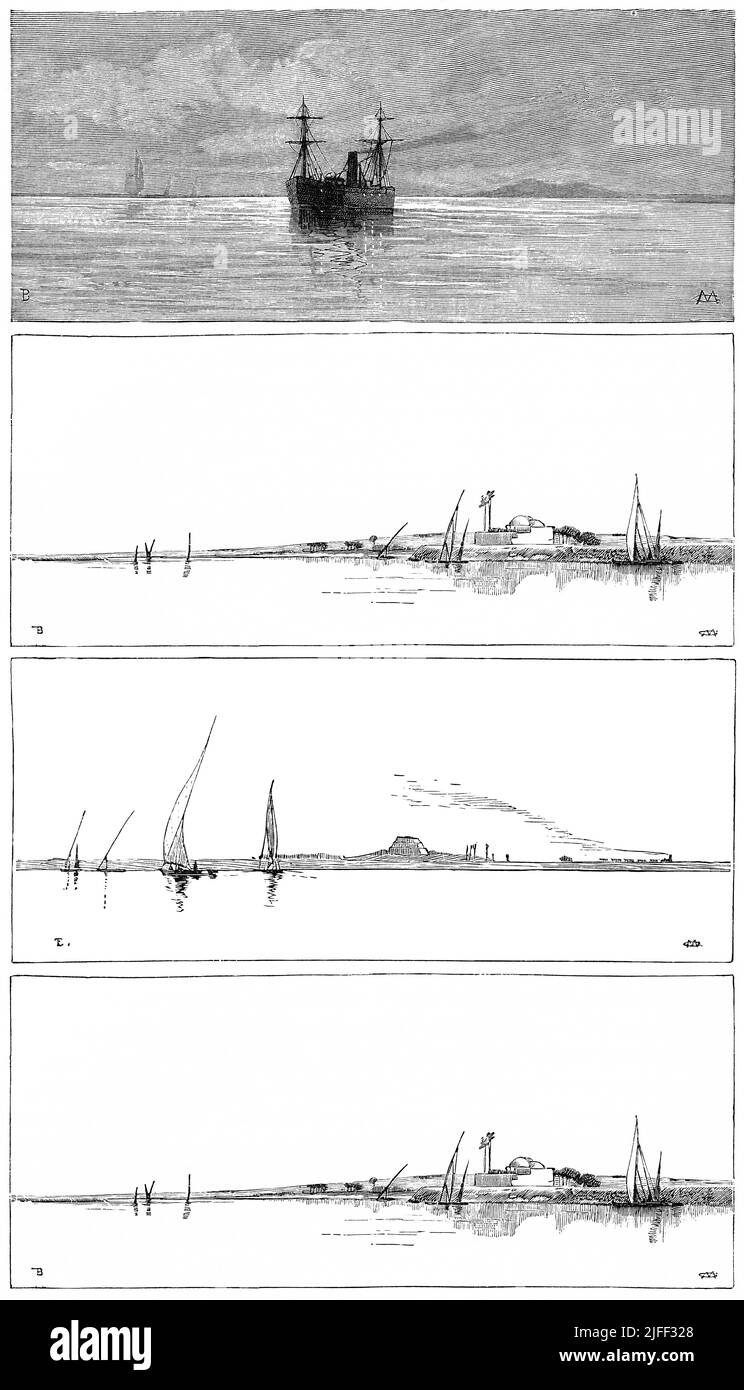 Nil River Views 1 Zwischen Kairo und Assuan, Illustration aus dem Buch, 'From Pharaoh to Fellah' von C.F. Moberly Bell mit Illustrationen von Georges Montbard, gestochen von Charles Barbant, Wells Gardner, Darton & Co., London, 1888 Stockfoto