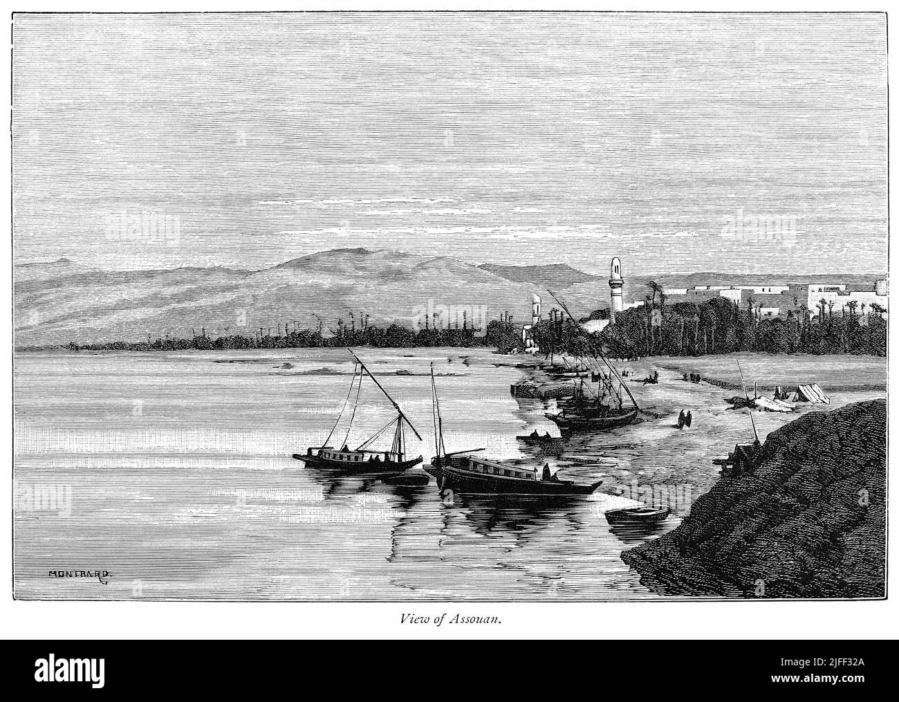 Ansicht von Assouan (Assuan), Illustration aus dem Buch, 'vom Pharao bis Fellah' von C.F. Moberly Bell mit Illustrationen von Georges Montbard, gestochen von Charles Barbant, Wells Gardner, Darton & Co., London, 1888 Stockfoto
