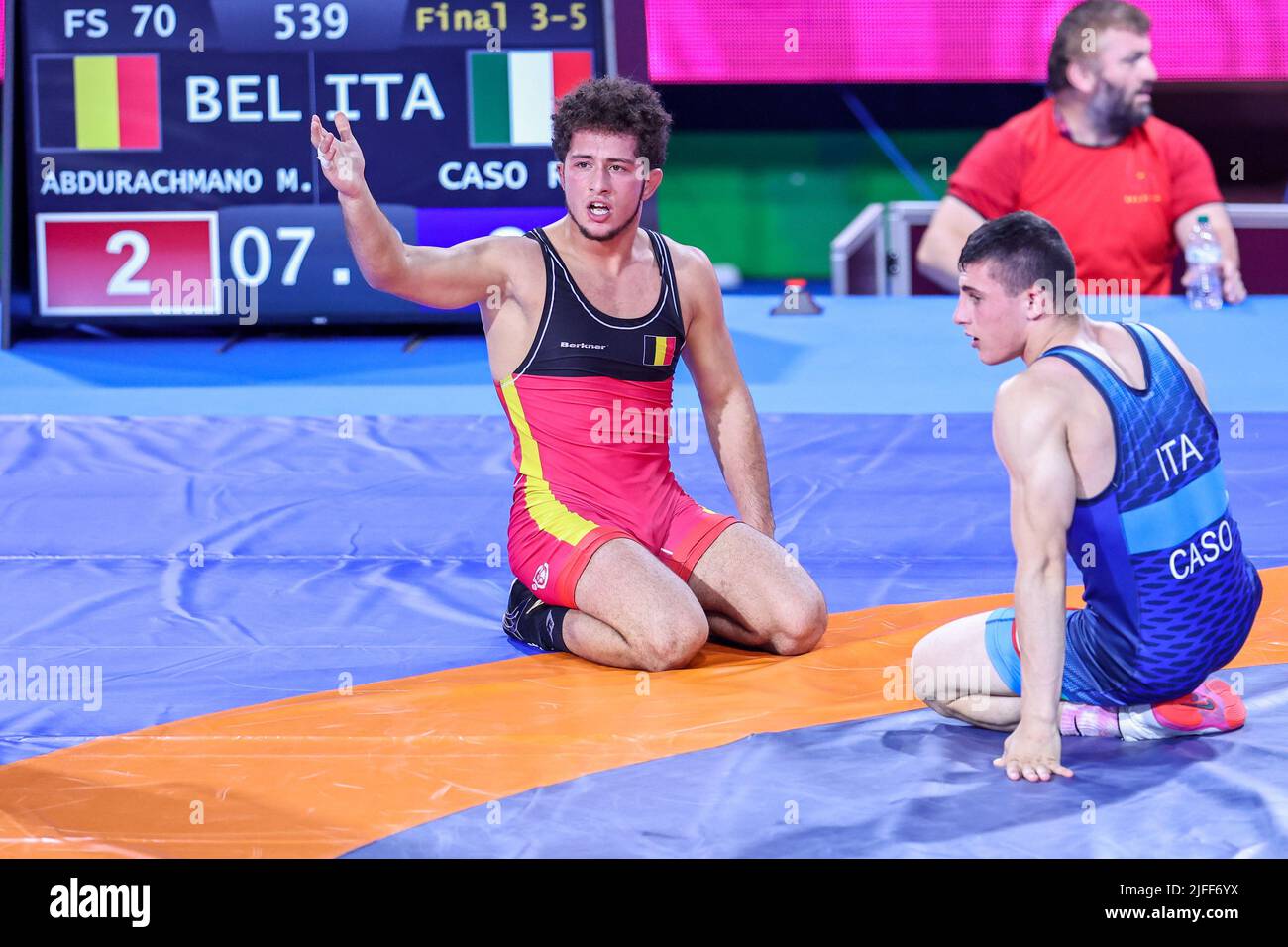 Matteo Pellicone, Rom, Italien, 02. Juli 2022, Muhammad Abdurachmanov (Bel) FS 70kg während der Europameisterschaft U20 - Ringer Stockfoto