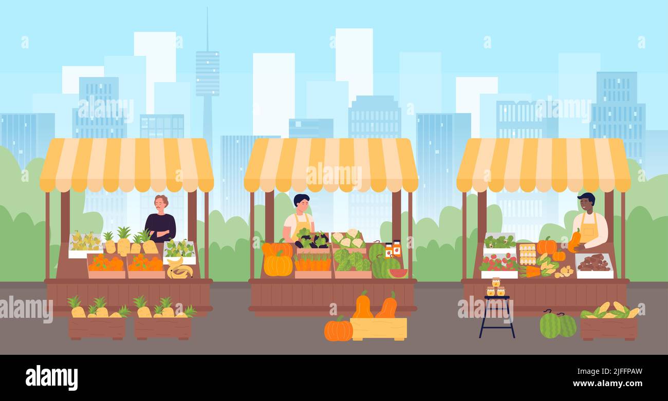 Lokale Bauern Markt in Stadt Stadtlandschaft Vektor-Illustration. Cartoon Street fair, Verkäufer an den Theken der Stände Marktplätze verkaufen natürliche und frische Lebensmittel, Obst und Gemüse Hintergrund Stock Vektor