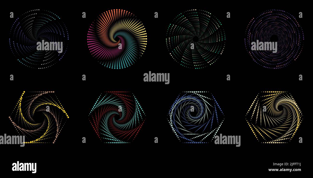 Set aus gepunkteten geometrischen Spiralwirbeln, isoliert auf schwarzem Hintergrund. Vektorgrafik Stock Vektor