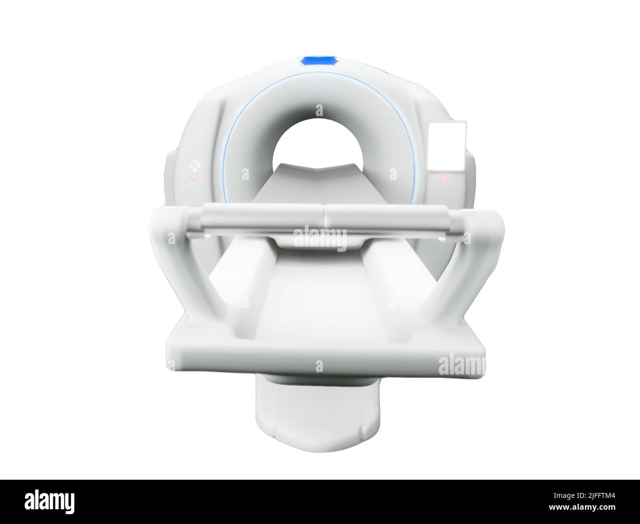 Die Abbildung des CT-Scanners mit mehreren Detektoren oder der Computertomographie 3D ist auf weißem Hintergrund isoliert. Stockfoto