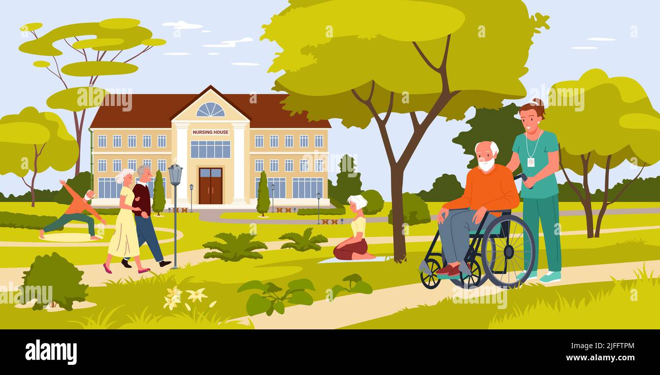Sanatorium, Pflegeheim mit grünem Sommerpark für ältere Patienten, alte Menschen zu Fuß Stock Vektor