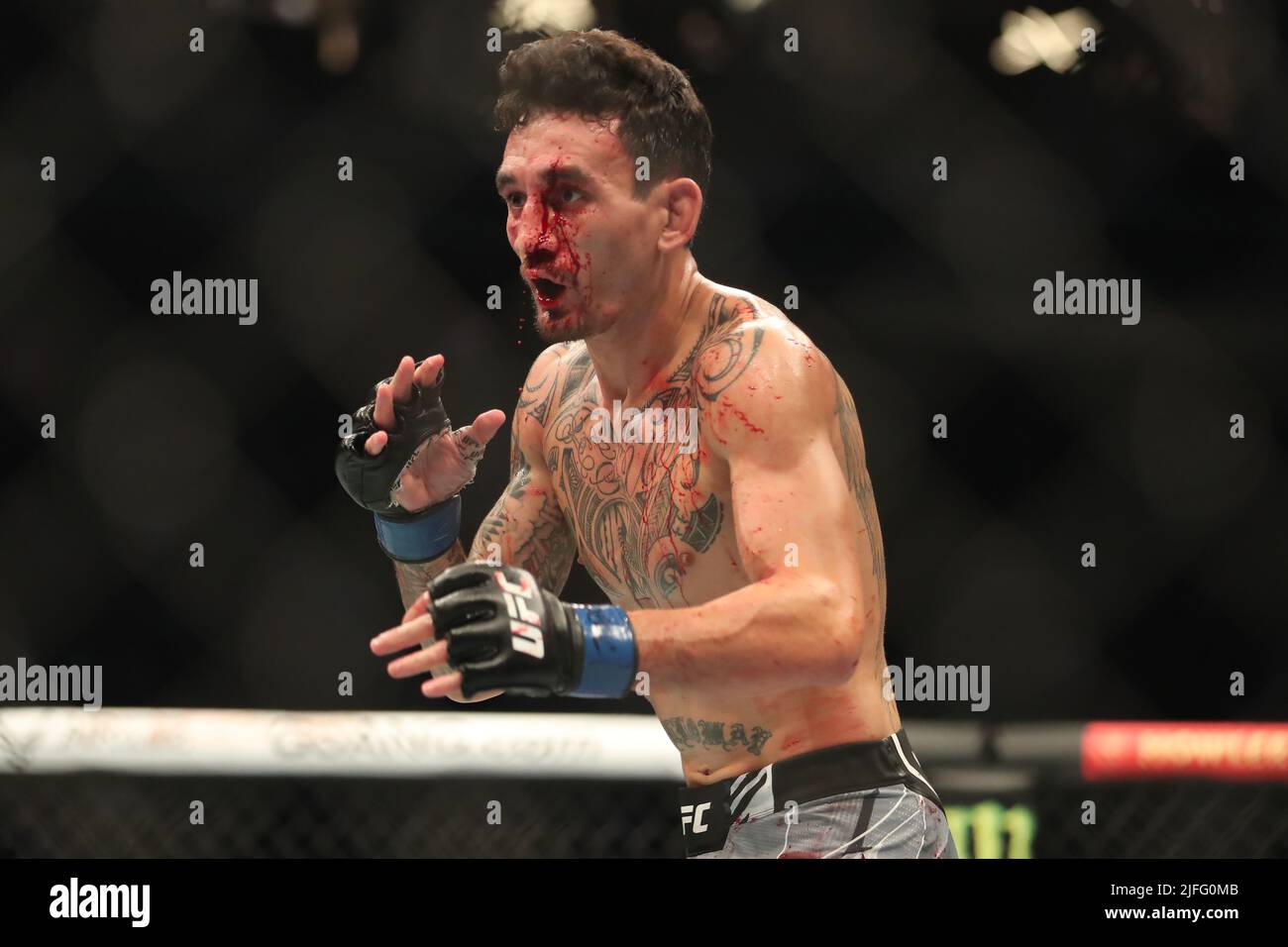 Las Vegas, Usa. 02.. Juli 2022. LAS VEGAS, NV - 2. JULI: Max Holloway wird in seinem Kampf gegen Alexander Volkanovski in ihrem 5-runden Featherweight-Titelkampf während des UFC 276-Events in der T-Mobile Arena am 2. Juli 2022 in Las Vegas, Nevada, USA, gesehen. (Foto von Alejandro Salazar/PxImages) Credit: Px Images/Alamy Live News Stockfoto