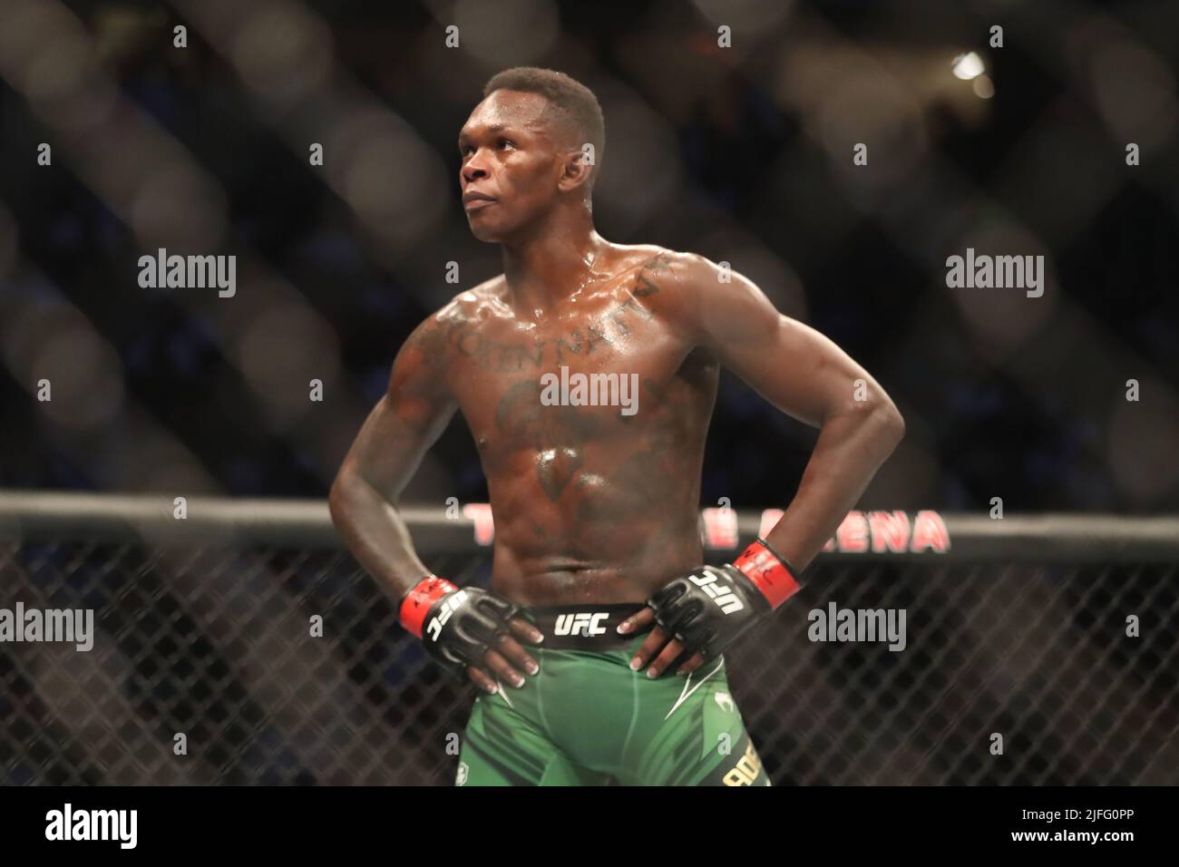 Las Vegas, Usa. 02.. Juli 2022. LAS VEGAS, NV - 2. JULI: Israel Adesanya blickt während dieses Kampfes gegen Jared Cannonier in ihrem 5-Runden-Titelkampf im Mittelgewicht beim UFC 276-Event in der T-Mobile Arena am 2. Juli 2022 in Las Vegas, Nevada, USA, auf. (Foto von Alejandro Salazar/PxImages) Credit: Px Images/Alamy Live News Stockfoto