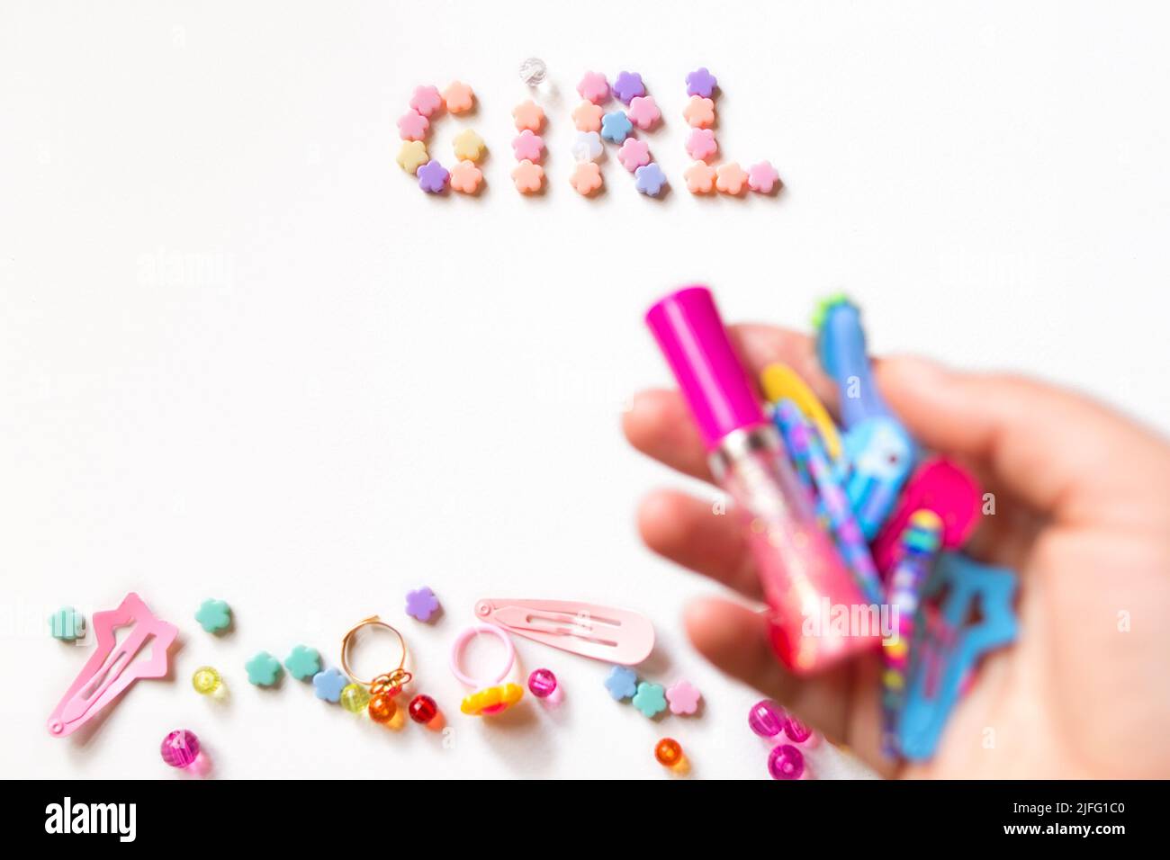 Kleine Mädchen Accessoires Lifestyle-Set. Stockfoto