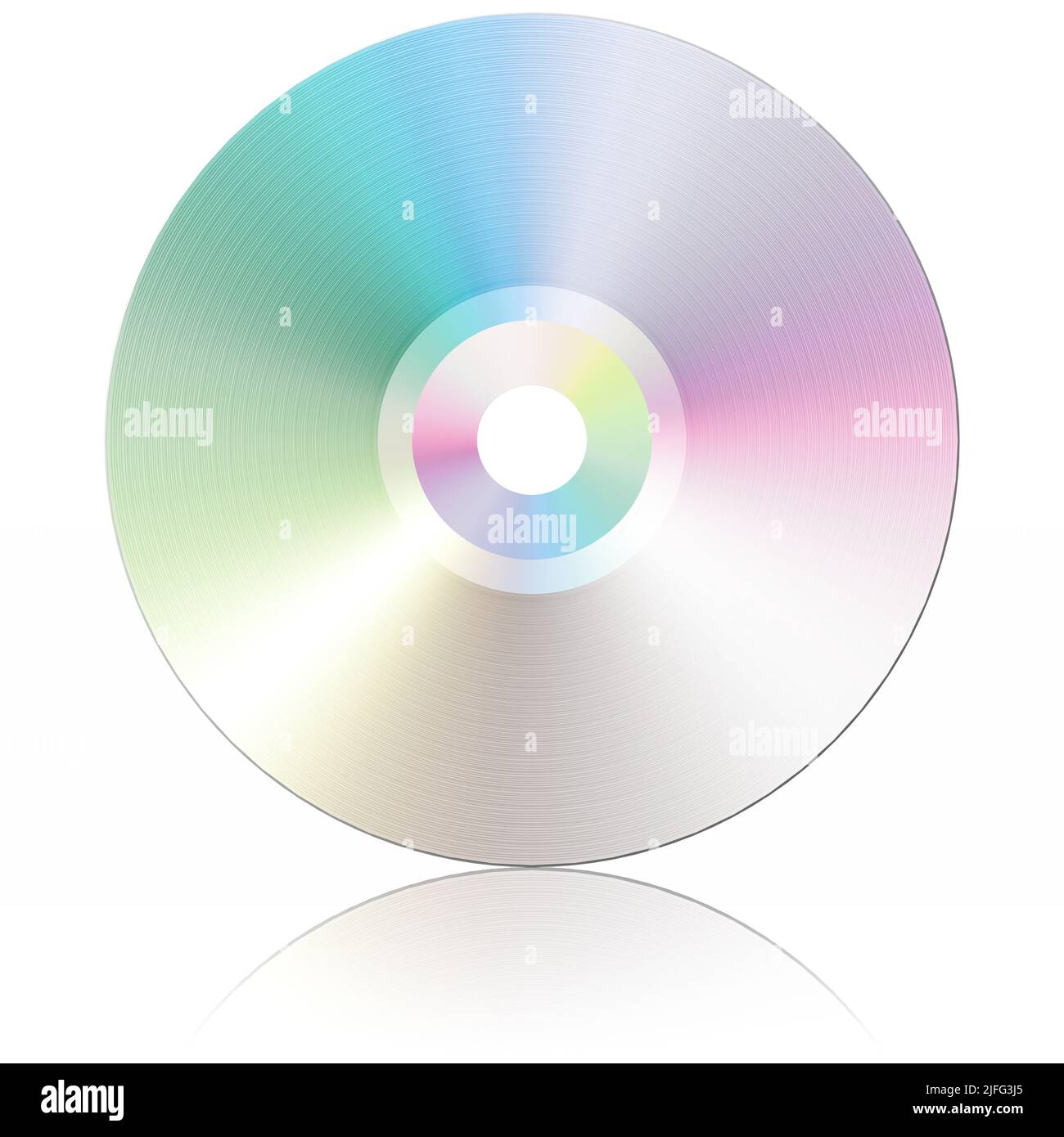 3D Abbildung. Musikgenres. CD isoliert, mit Reflexion, auf weißem Hintergrund. Stockfoto