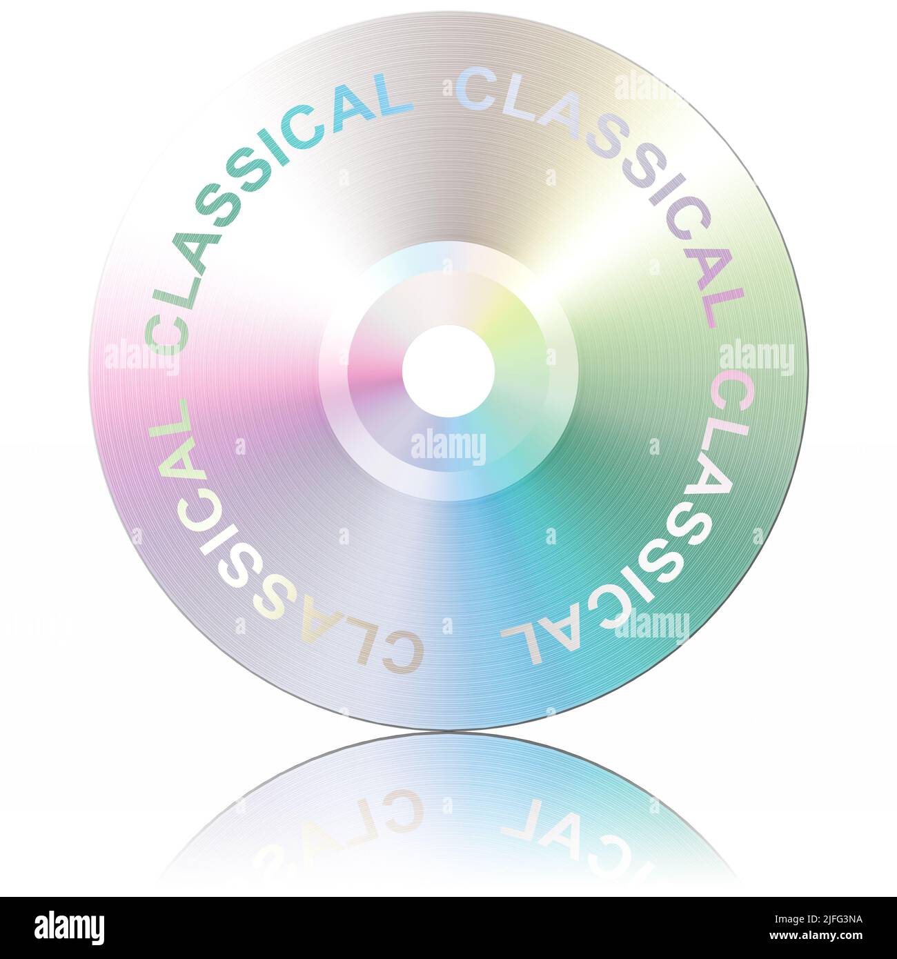 3D Abbildung. Klassisch. Musikgenres. CD isoliert, mit Reflexion, auf weißem Hintergrund. Stockfoto