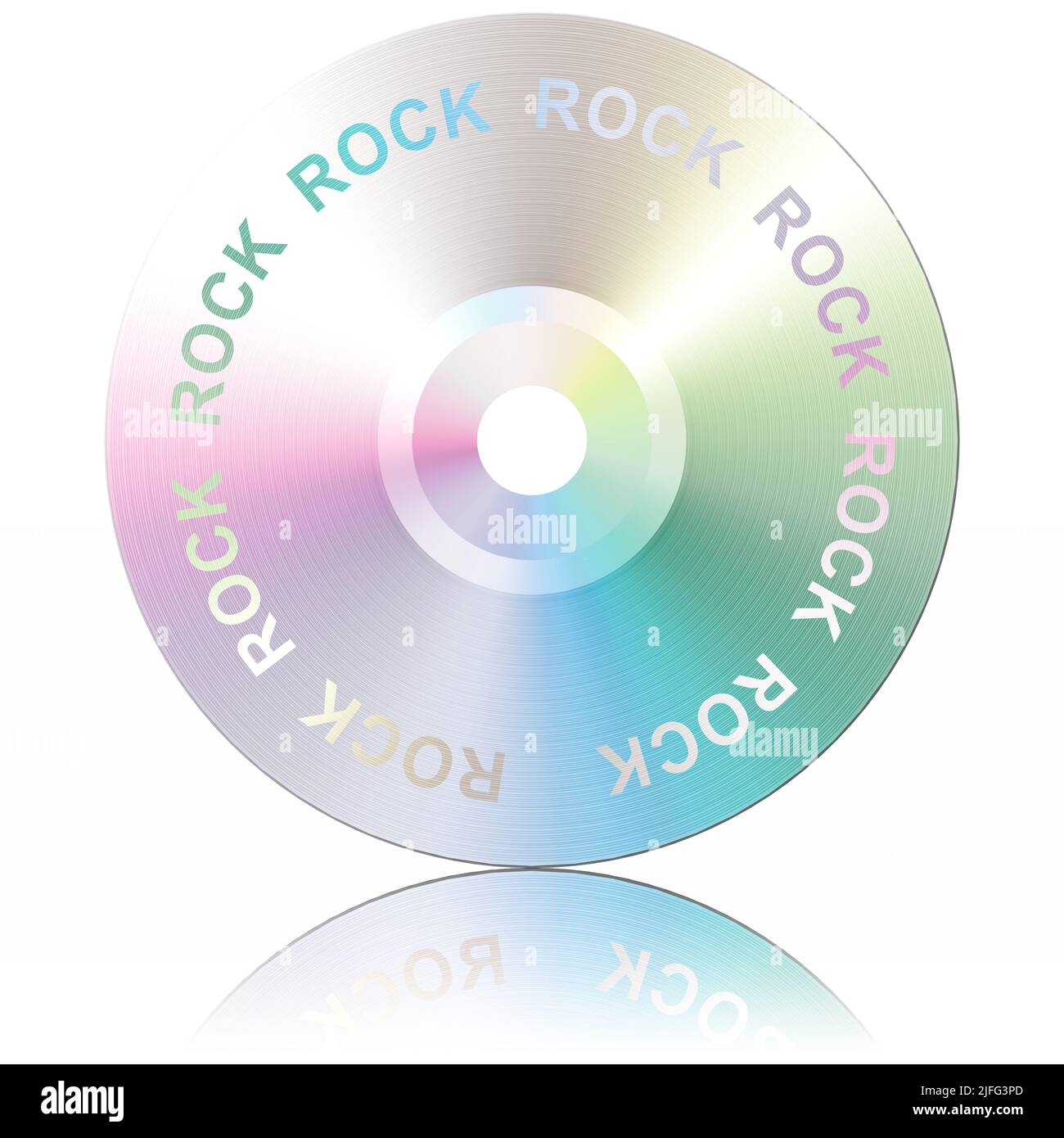 3D Abbildung. Rock. Musikgenres. CD isoliert, mit Reflexion, auf weißem Hintergrund. Stockfoto