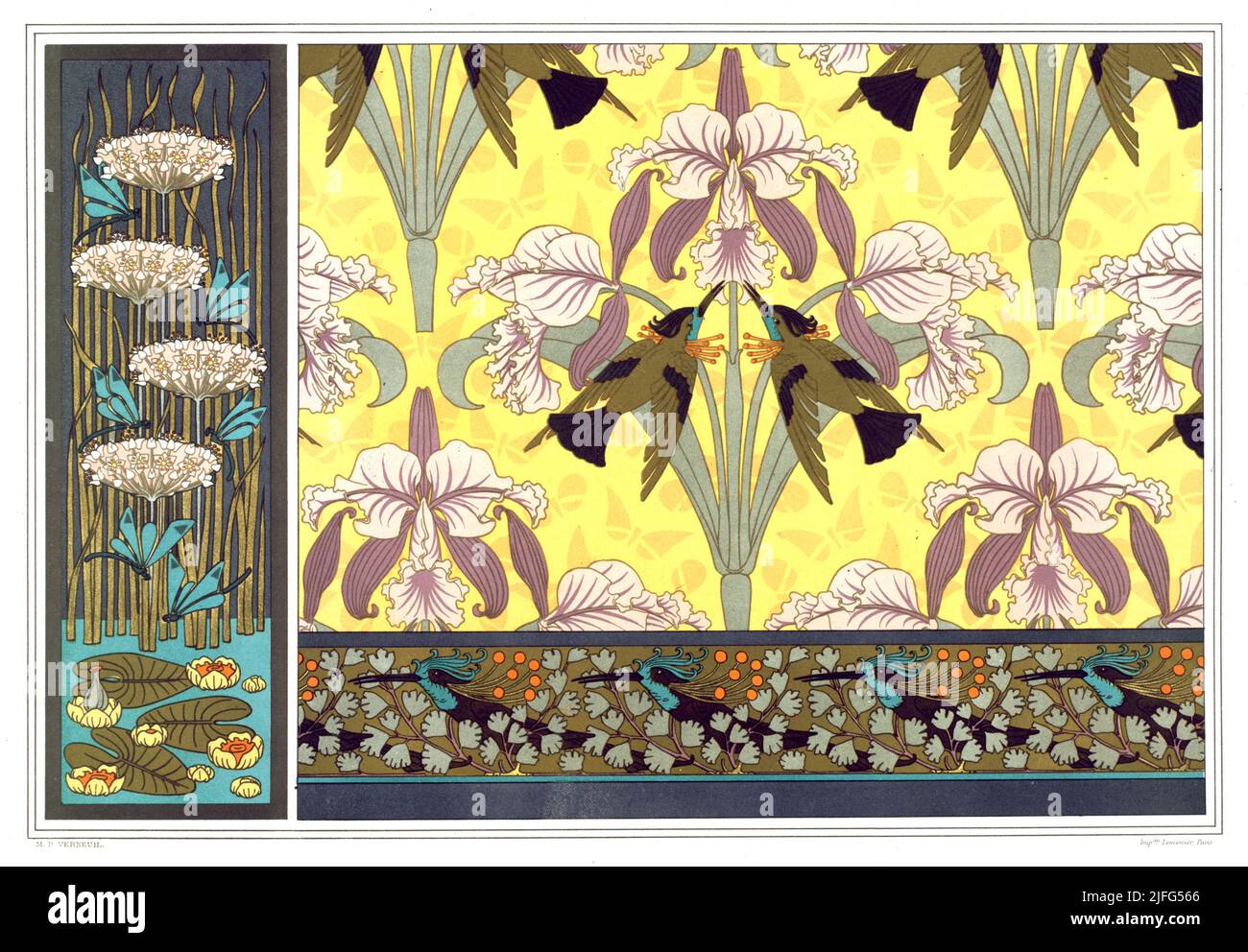 Maurice Pillard Verneuil - Mullets, Glasmalerei. Libellen und Währung des Papstes, Stoff vom Tier in der Dekoration -1897 Stockfoto