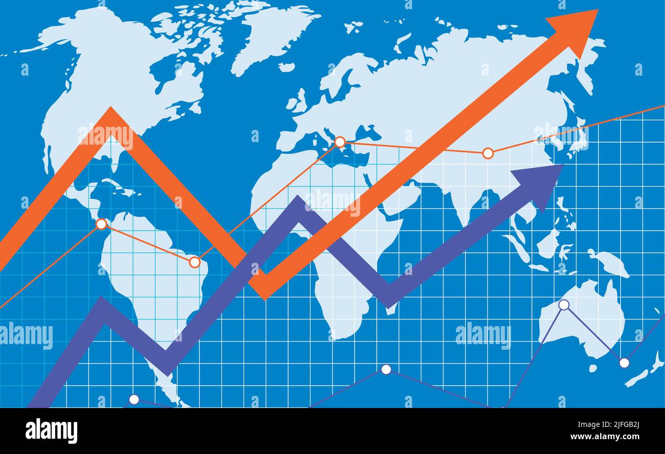 Weltwirtschaftsanstieg, Aufwärtstrendpfeil, Hausse, globale Entwicklung. Vektorgrafik. Weltwirtschaft, Bankdiagramm, Handelsdatendiagramm Stock Vektor