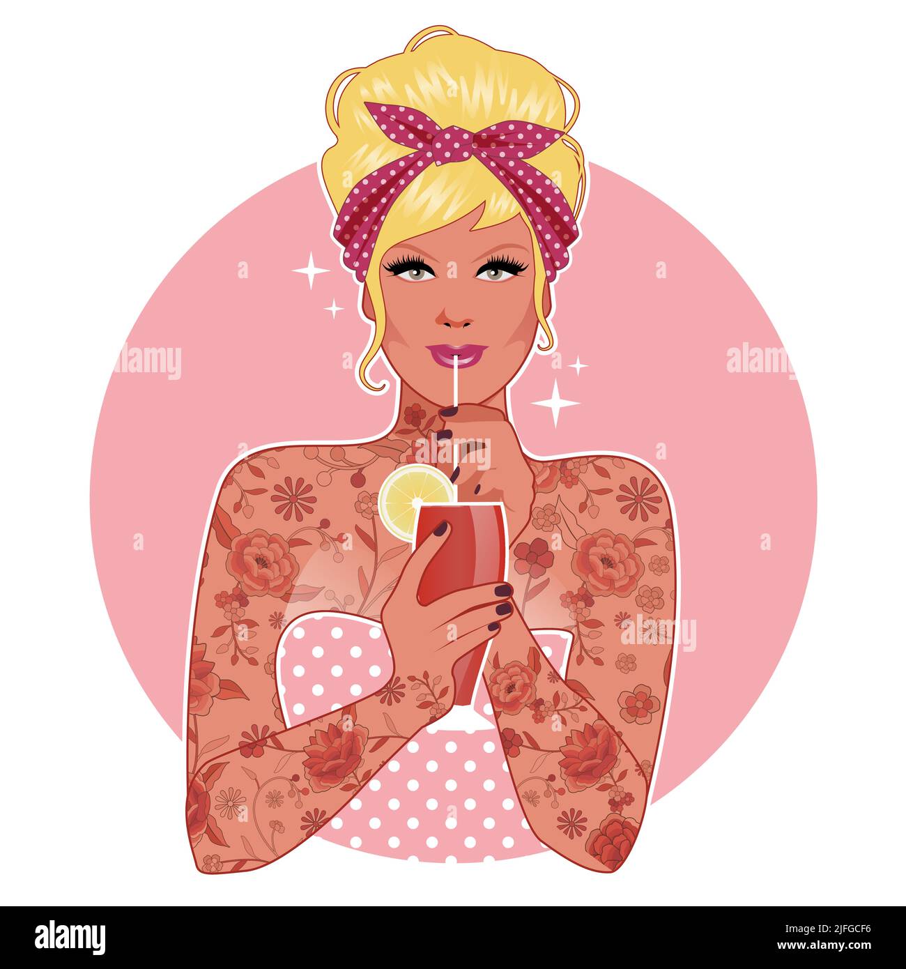 Schöne blonde tätowierte Pin-up-Mädchen, trägt Kleidung aus den 50er Jahren und Kopftuch, trinken einen Cocktail oder Saft durch einen Stroh Stock Vektor