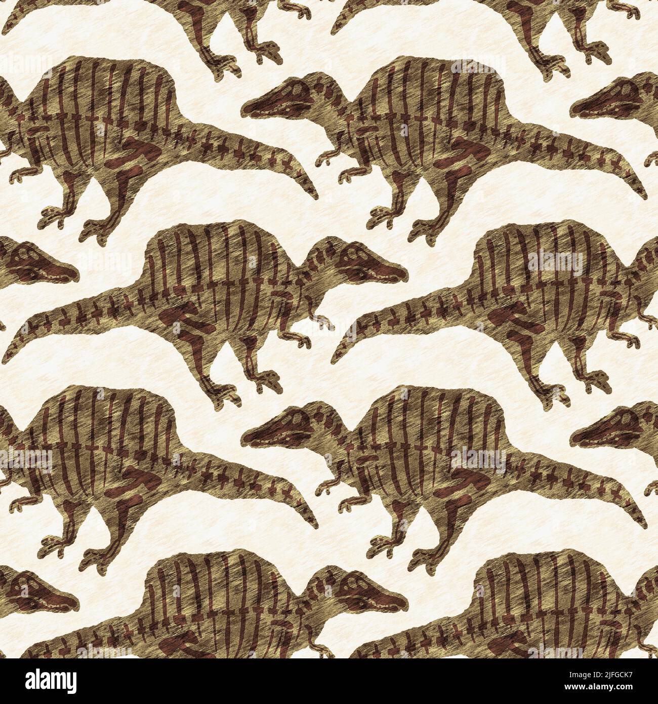 Braun handgezeichnete Spinosaurus fossile Knochen Dinosaurier nahtloses Muster. Geschlechtsspezifische neutrale jurassische Silhouette für die Babykrippe. Home Dekor für Museum Stockfoto