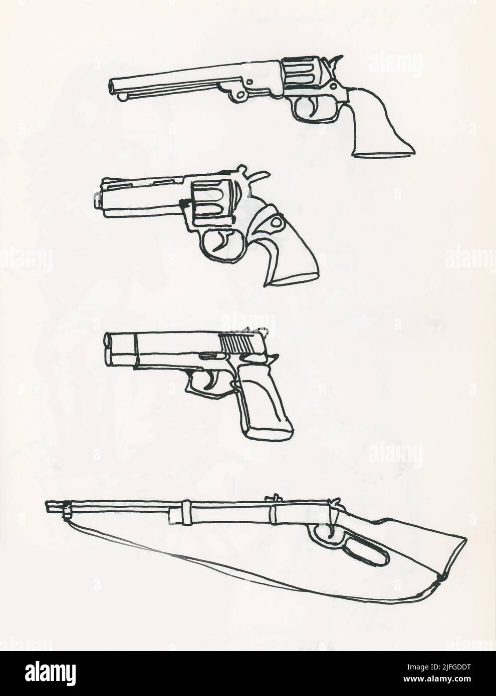 Zeichnung von mehreren Arten von Feuerwaffen. Ein Friedensstifter, Revolver, automatische Pistole und ein Riffel. Stockfoto