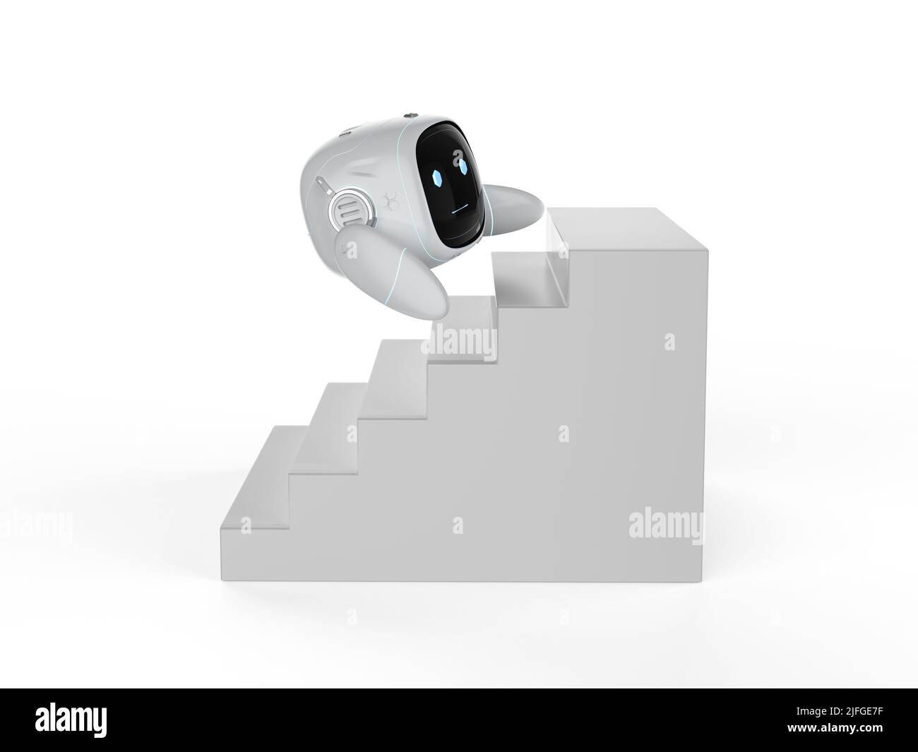 Business Development Konzept mit 3D Rendering kleinen Roboter auf der Suche nach Chancen auf Treppen Stockfoto